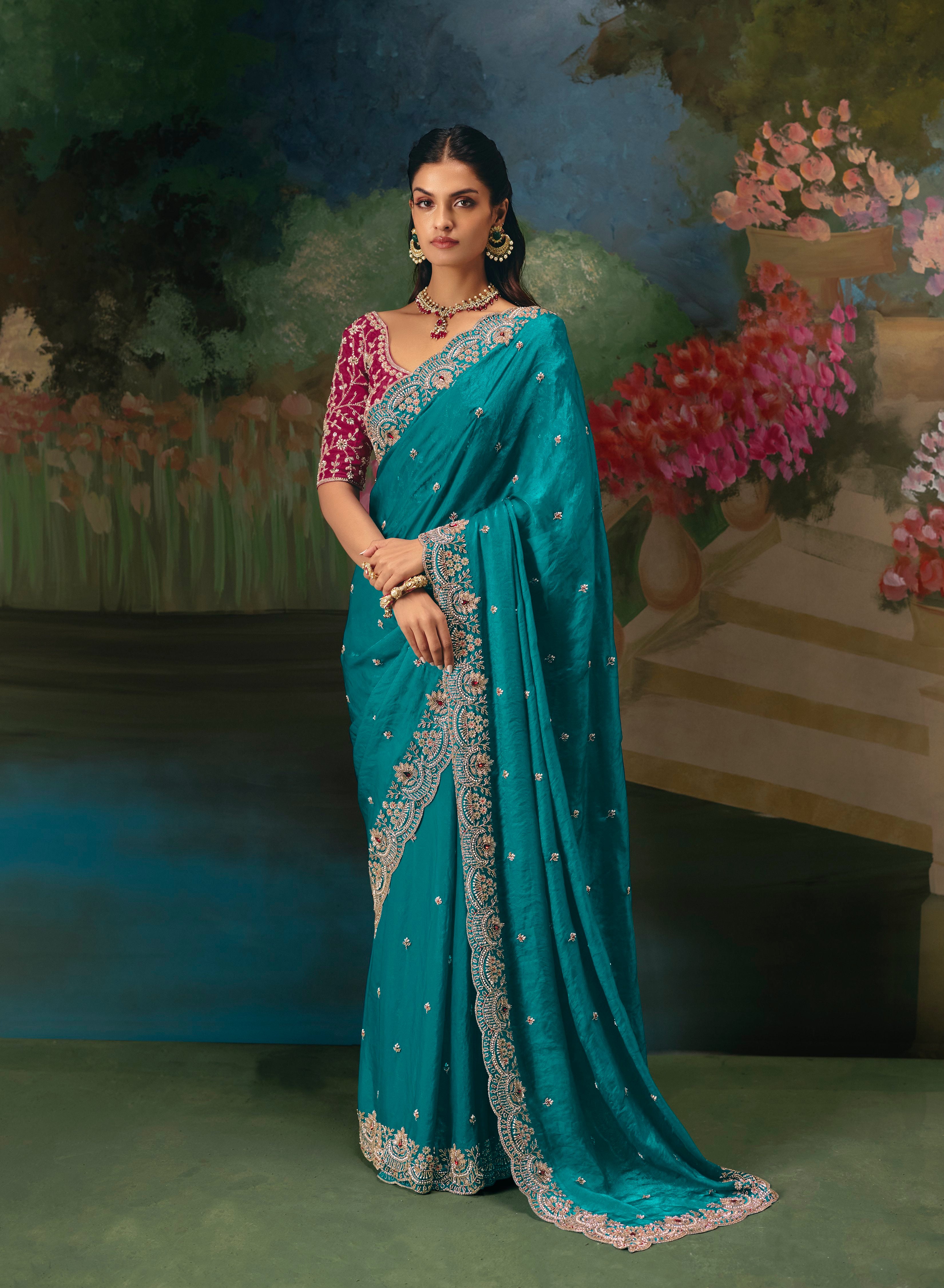 Teal Blue Premium Fancy Heavy Beads Work Saree