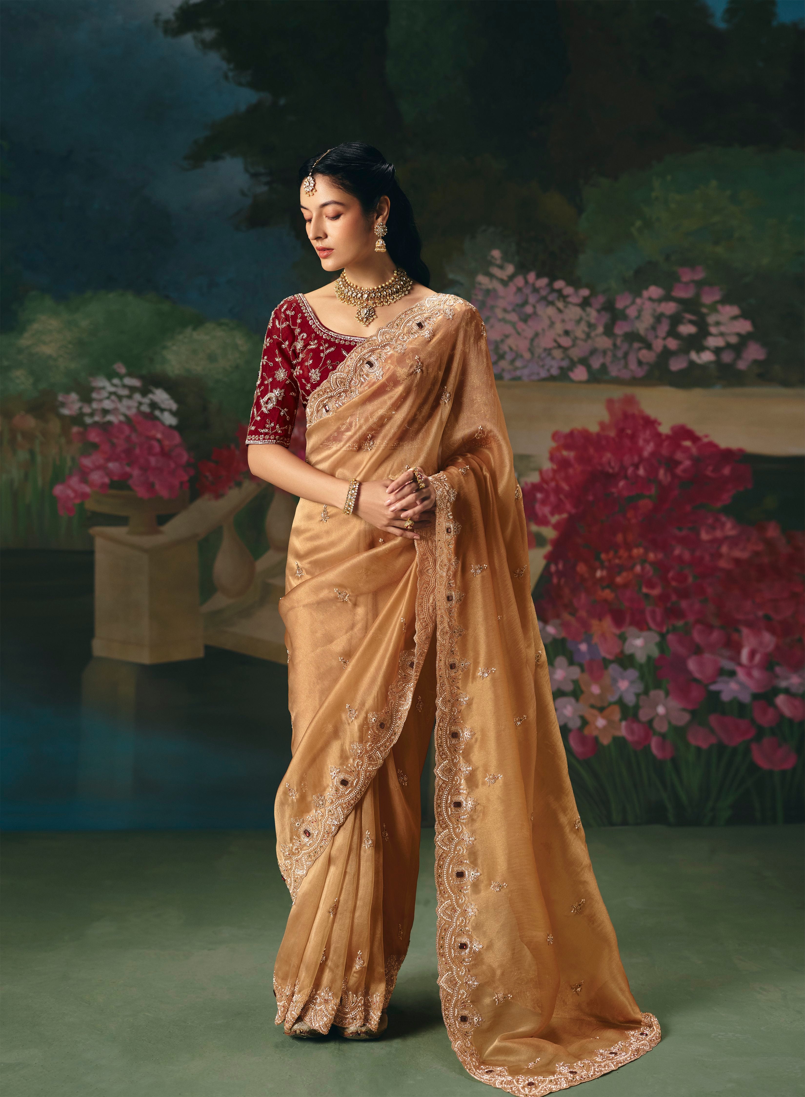Gold Beige Premium Fancy Heavy Beads Work Saree