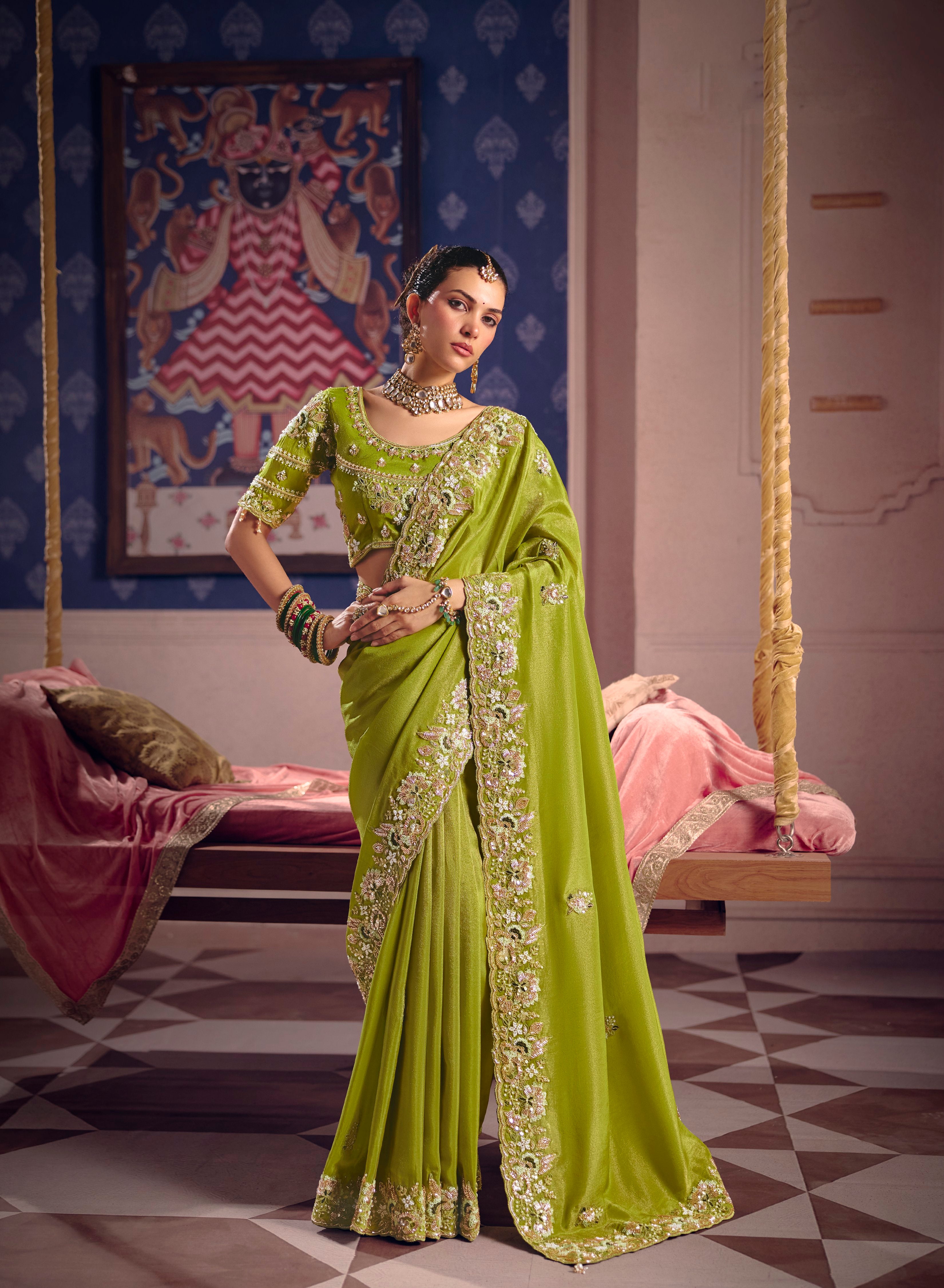 Parrot Green Viscose Zari Tissue Beads Work Saree
