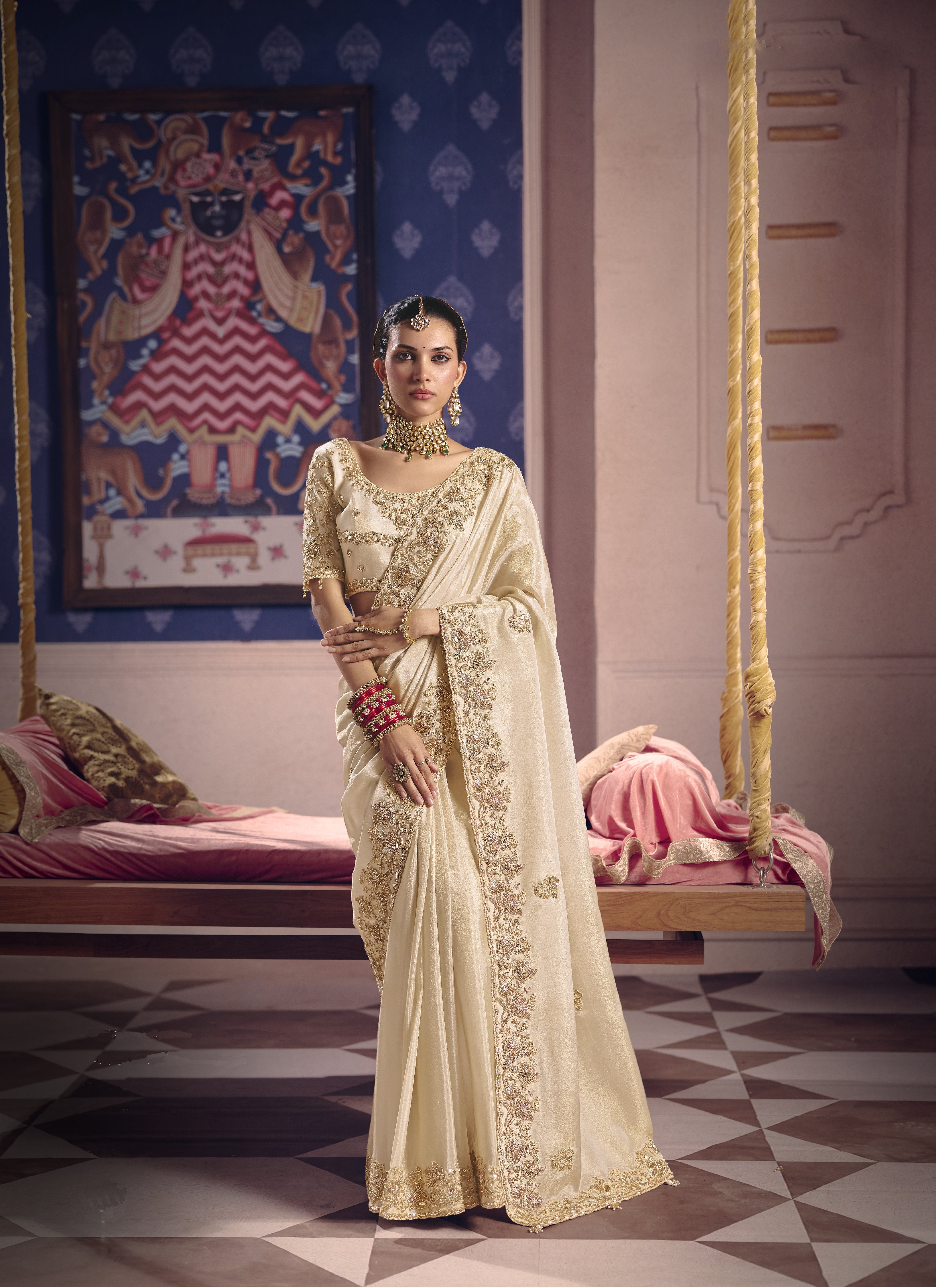 Cream Viscose Zari Tissue Beads Work Saree