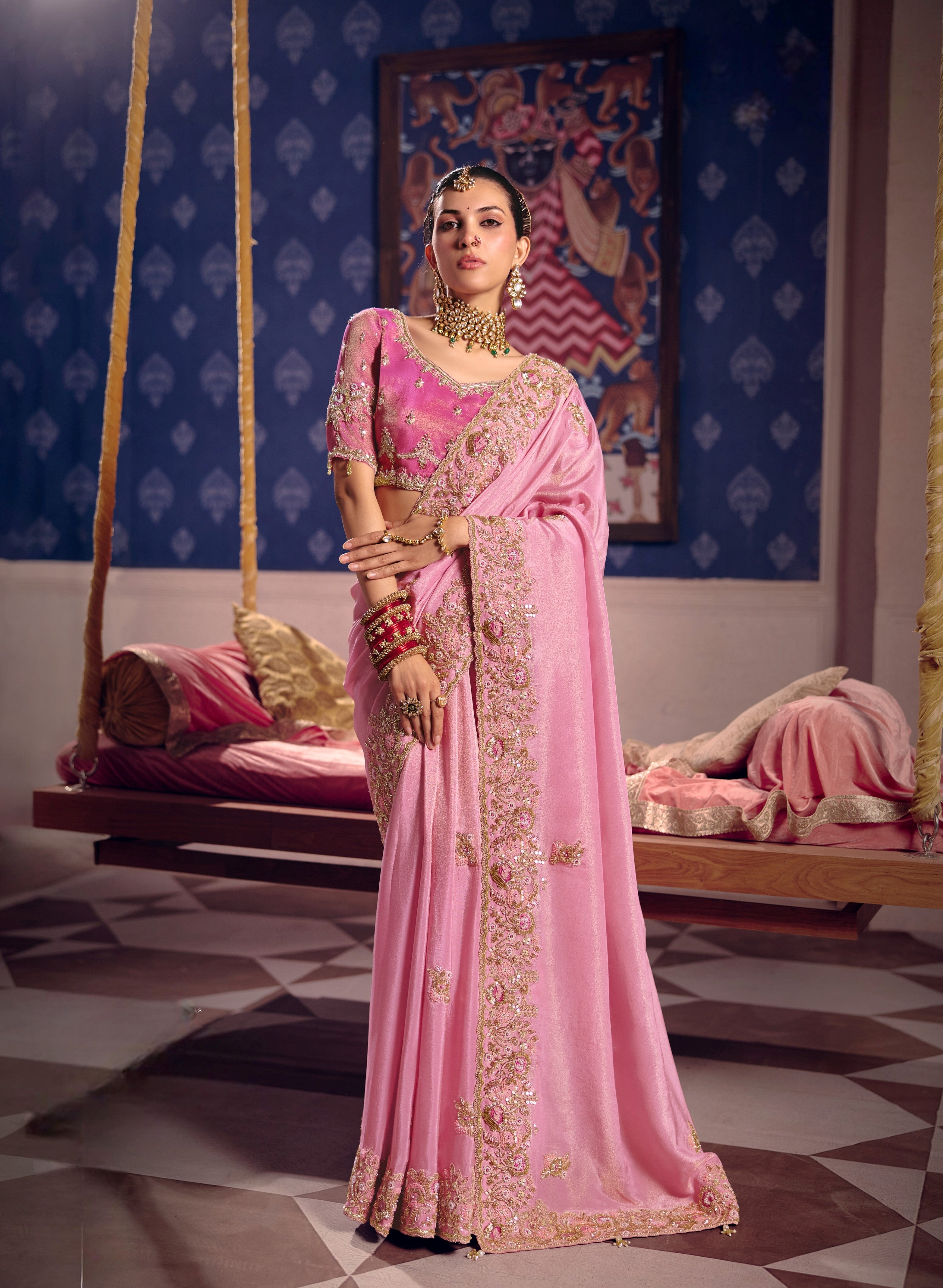 Pink Viscose Zari Tissue Beads Work Saree