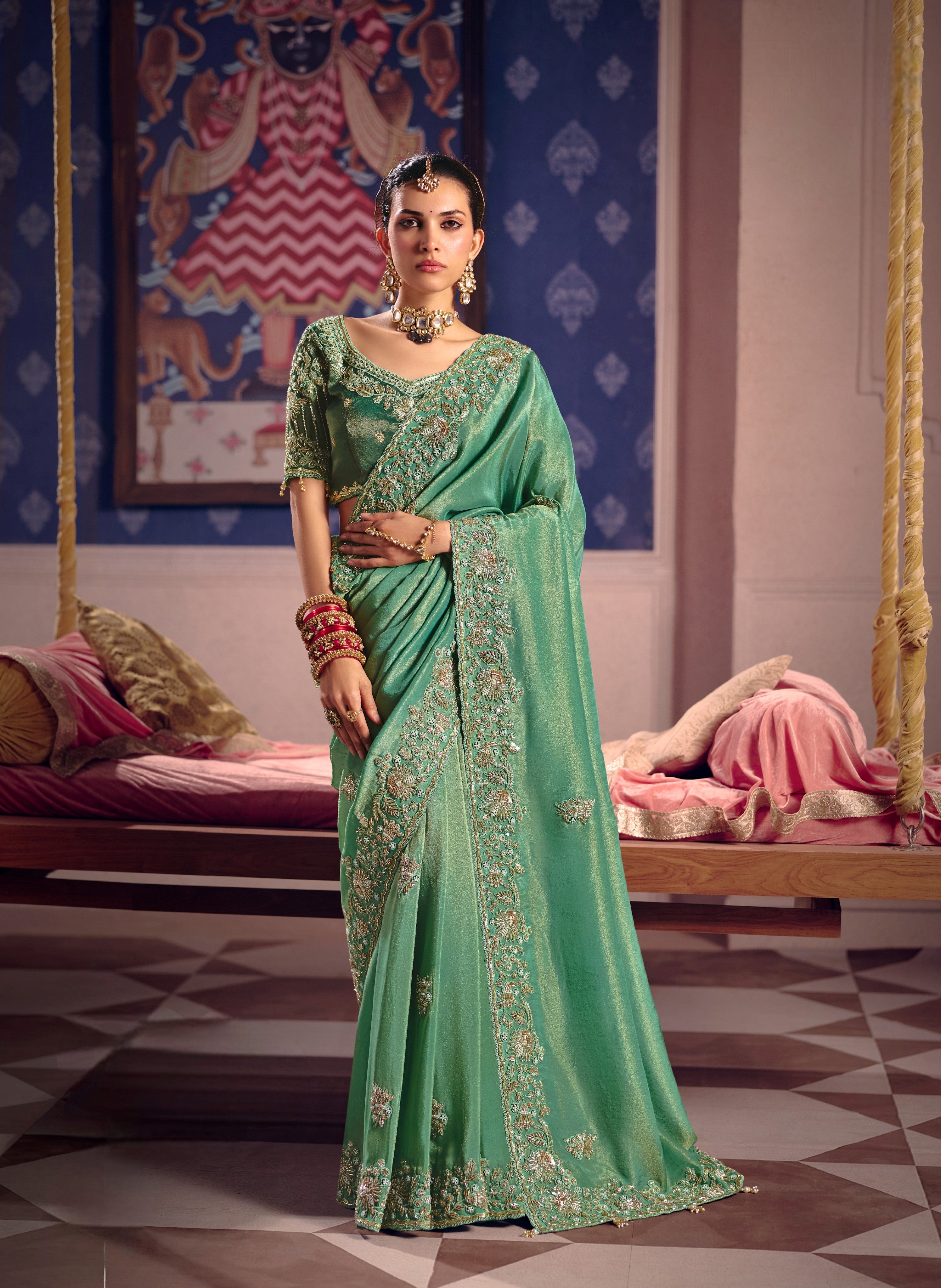 Teal Green Zari Tissue Beads Work Saree