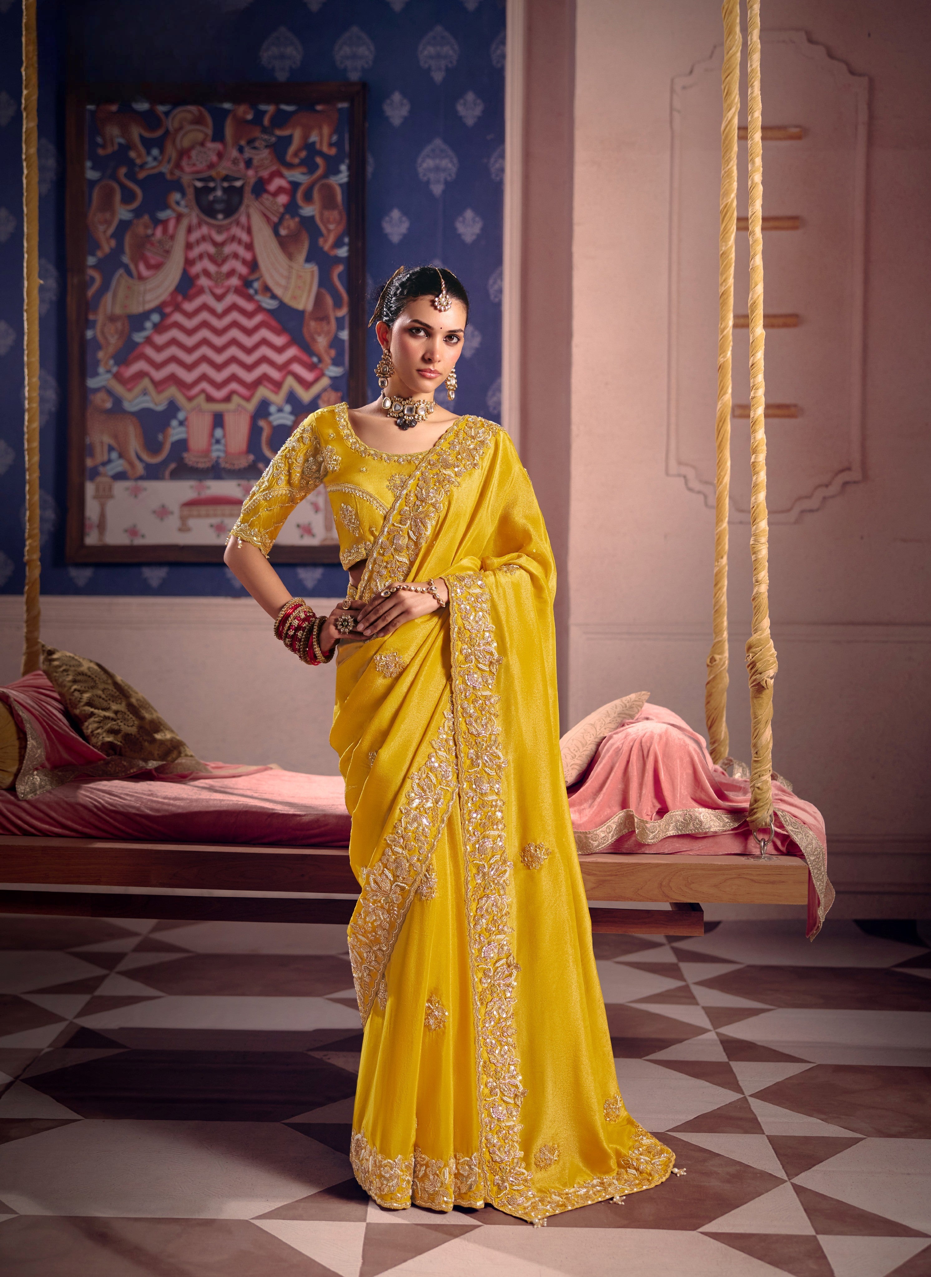 Yellow Zari Tissue Beads Work Saree