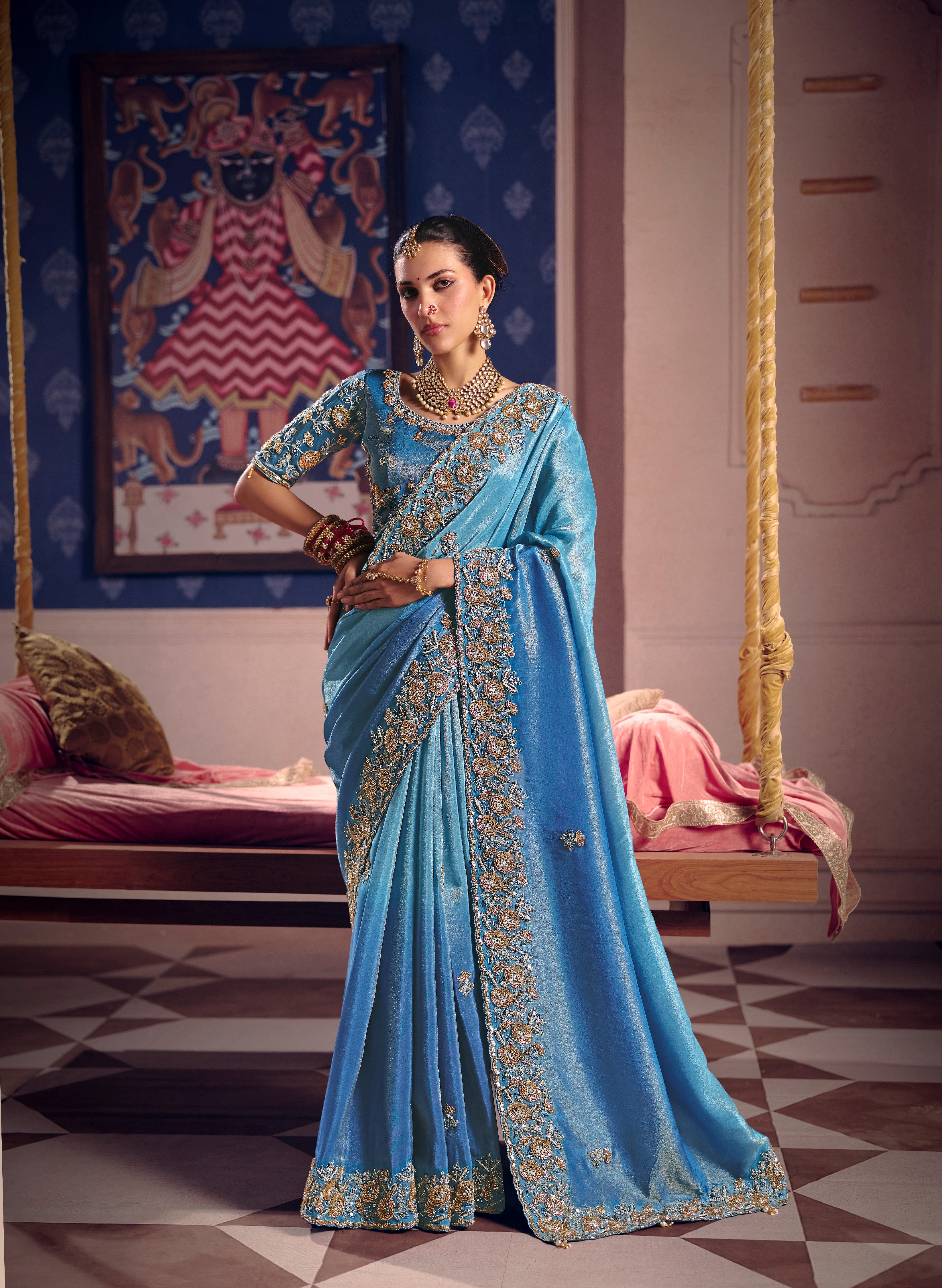 Sky Blue Zari Tissue Beads Work Saree