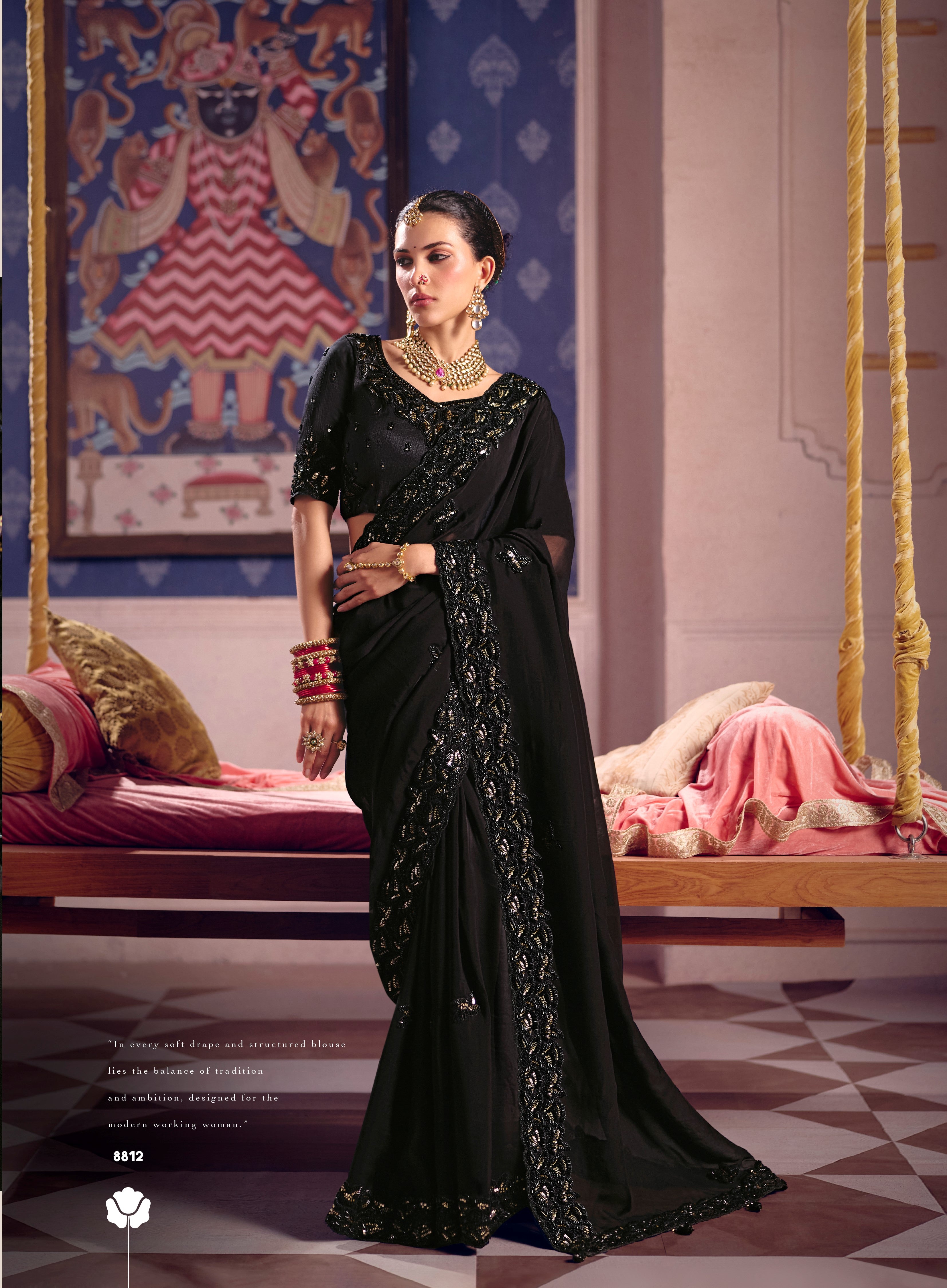Black Zari Tissue Beads Work Saree