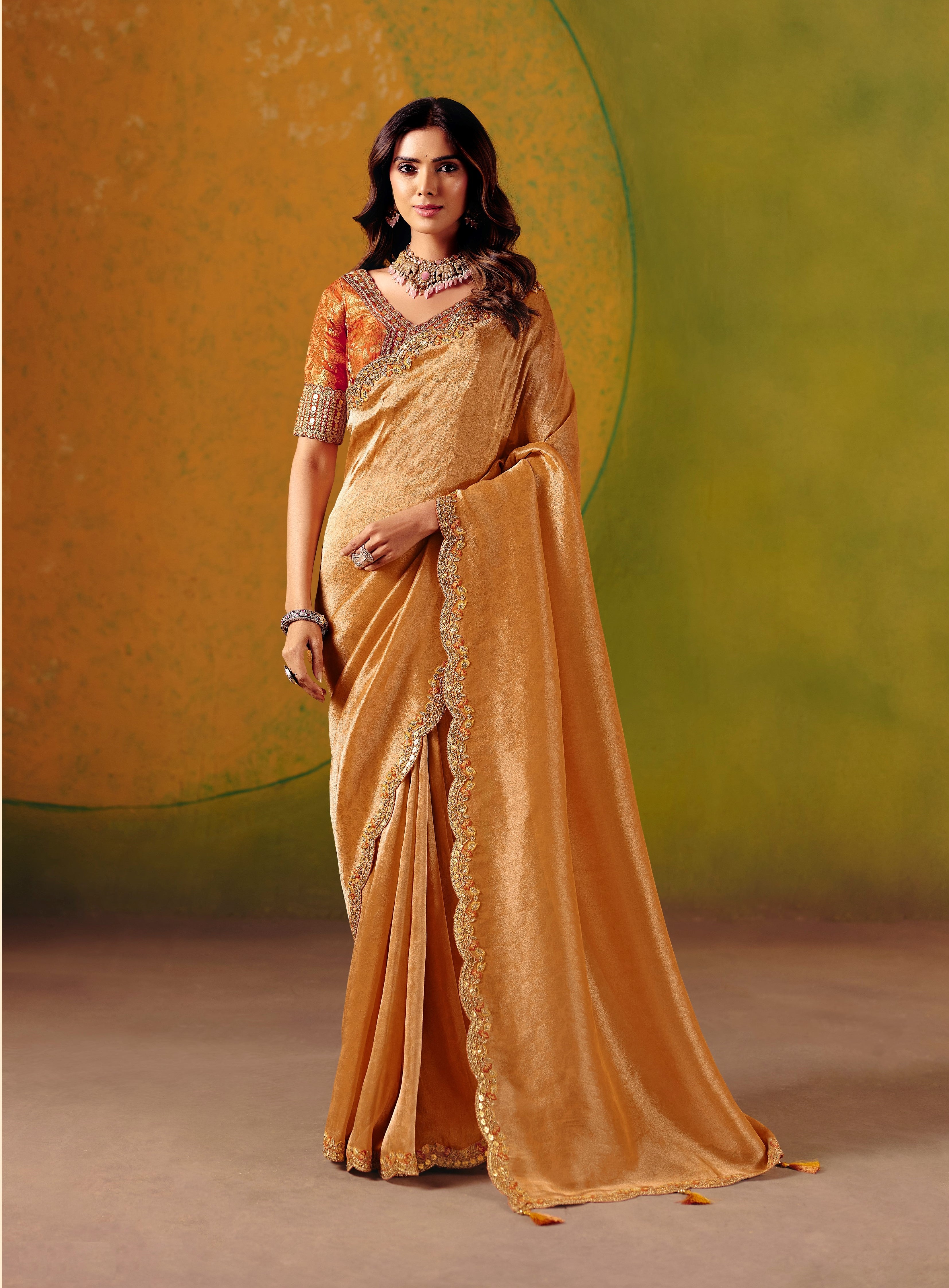 Orange Zari Silk Fancy Border Saree