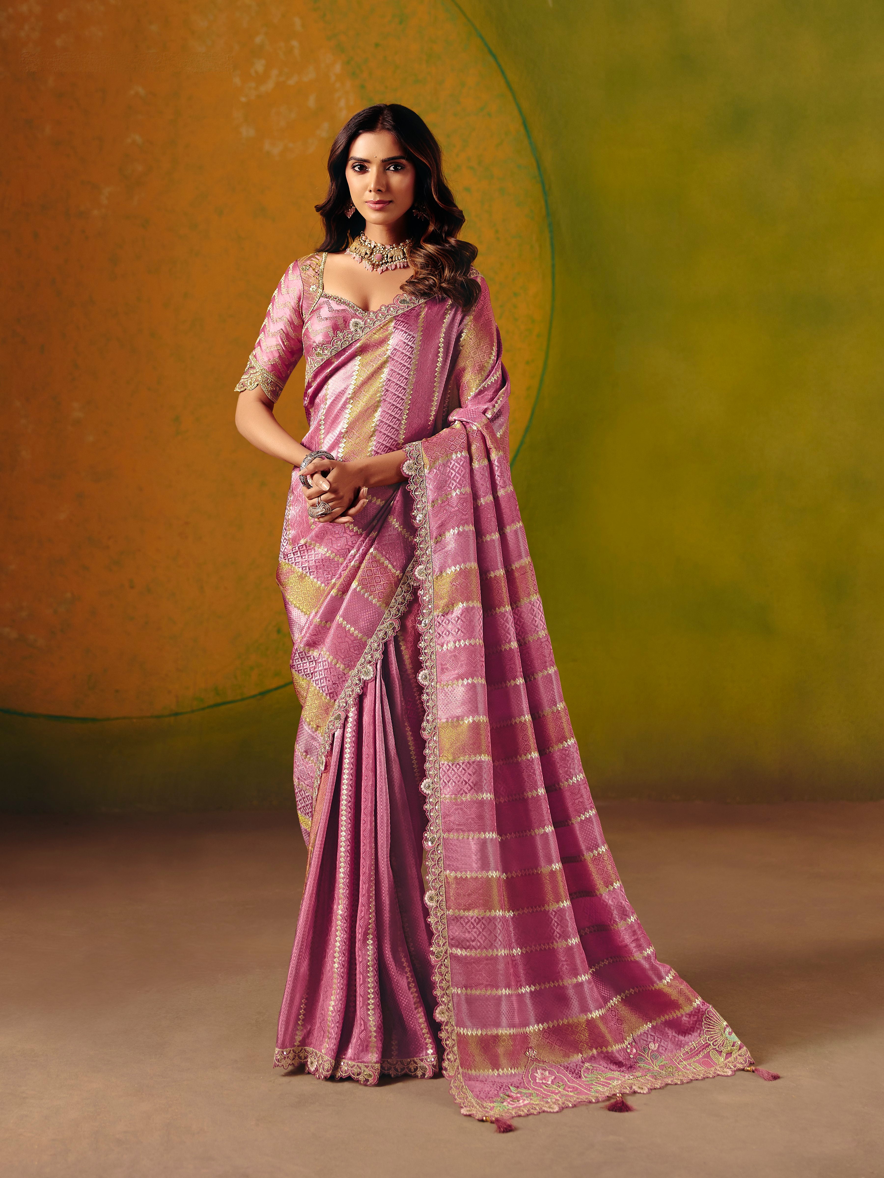 Rose Pink Jacquard Silk Fancy Border Saree