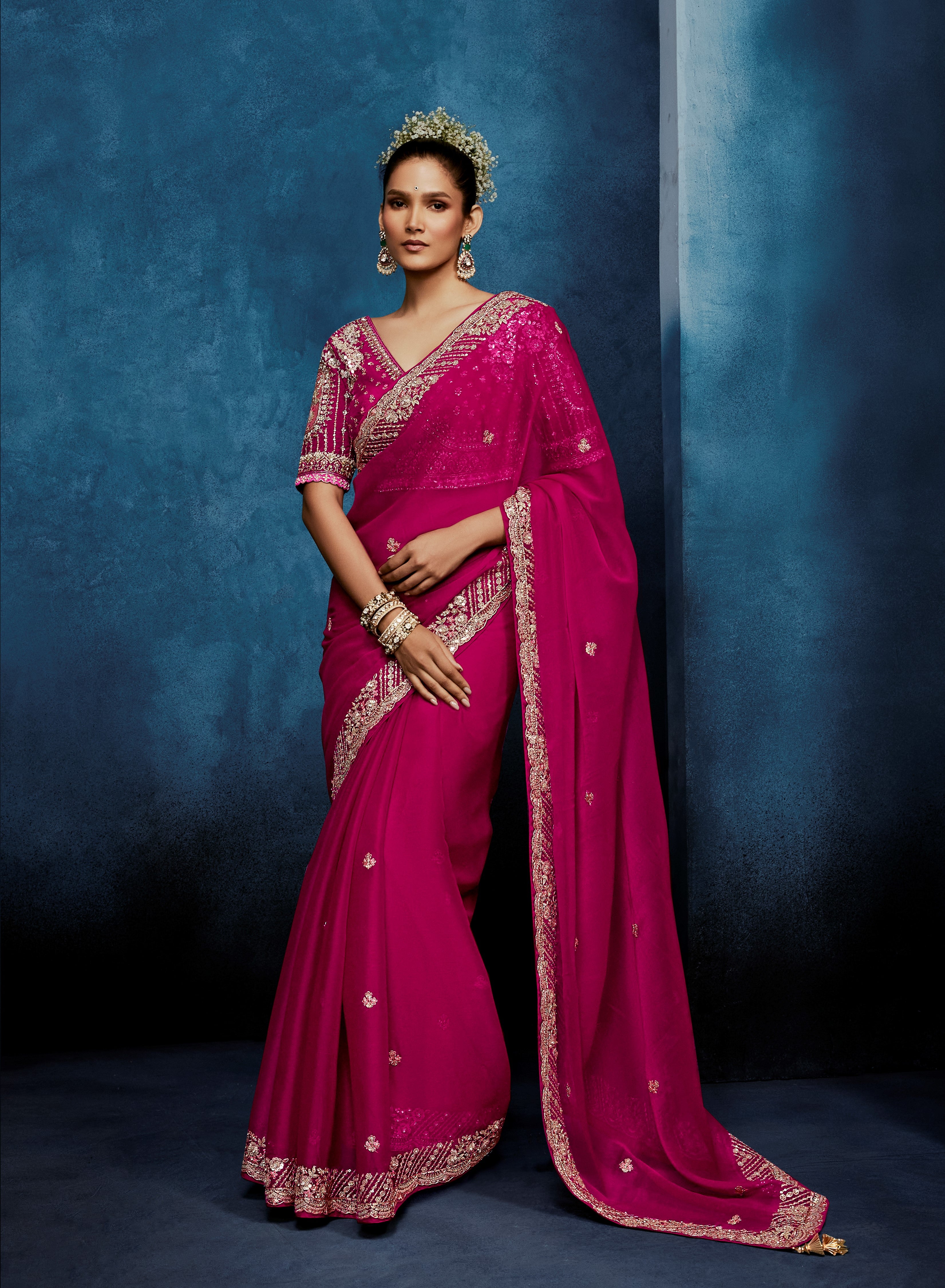 Rani Pink Fancy Embroidery Borders Saree