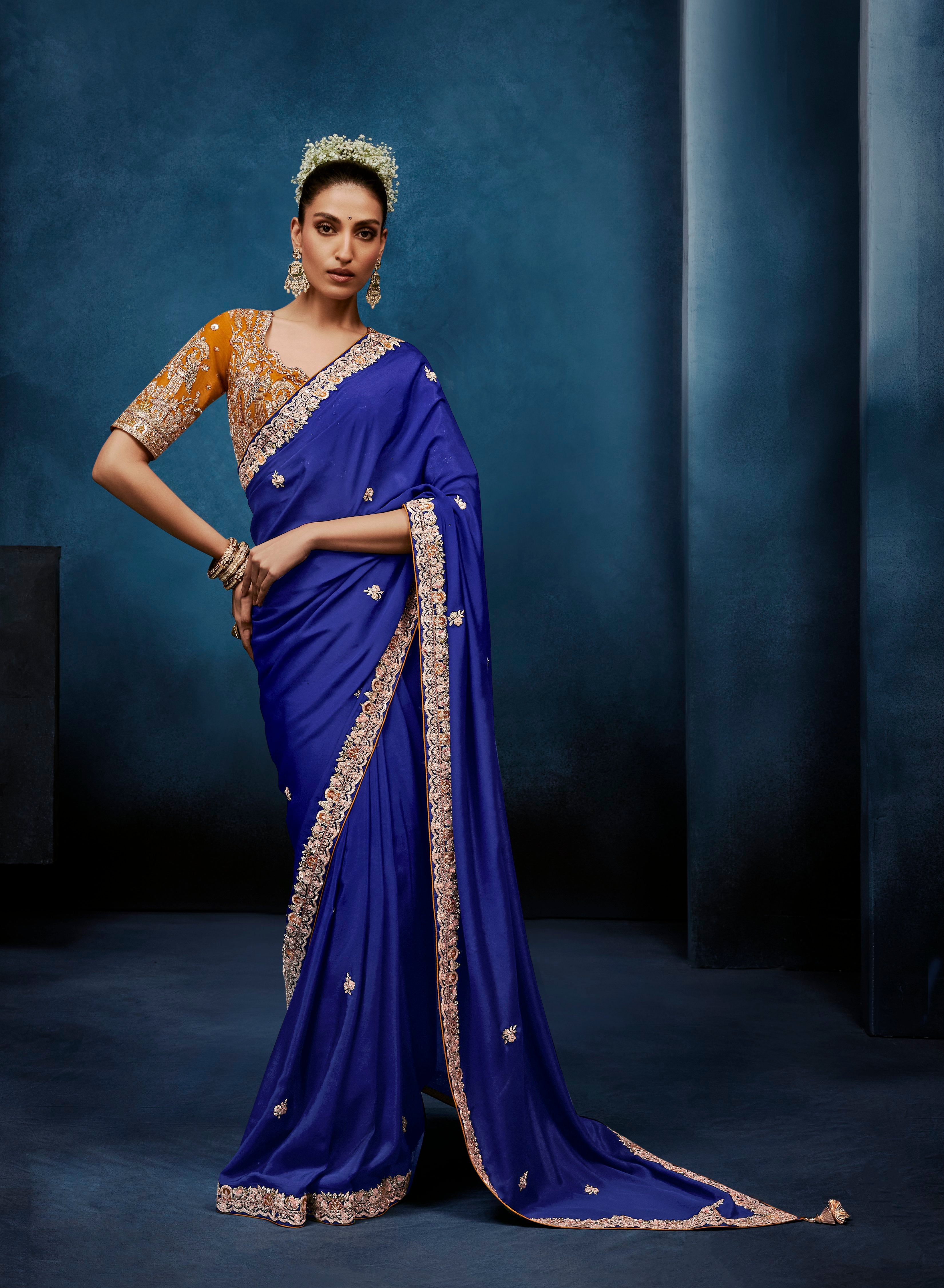 Blue Fancy Embroidery Borders Saree