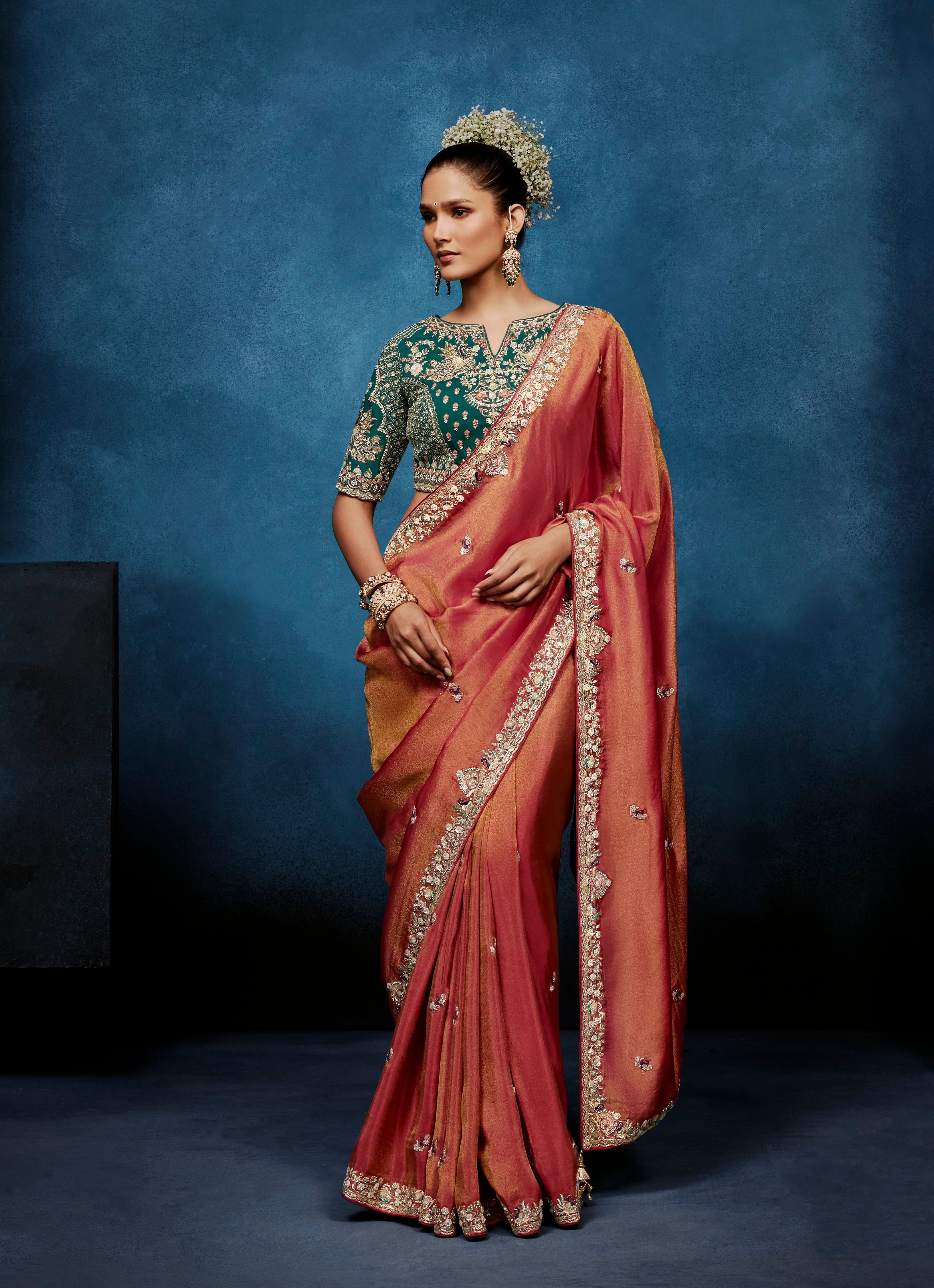 Peach Fancy Embroidery Borders Saree