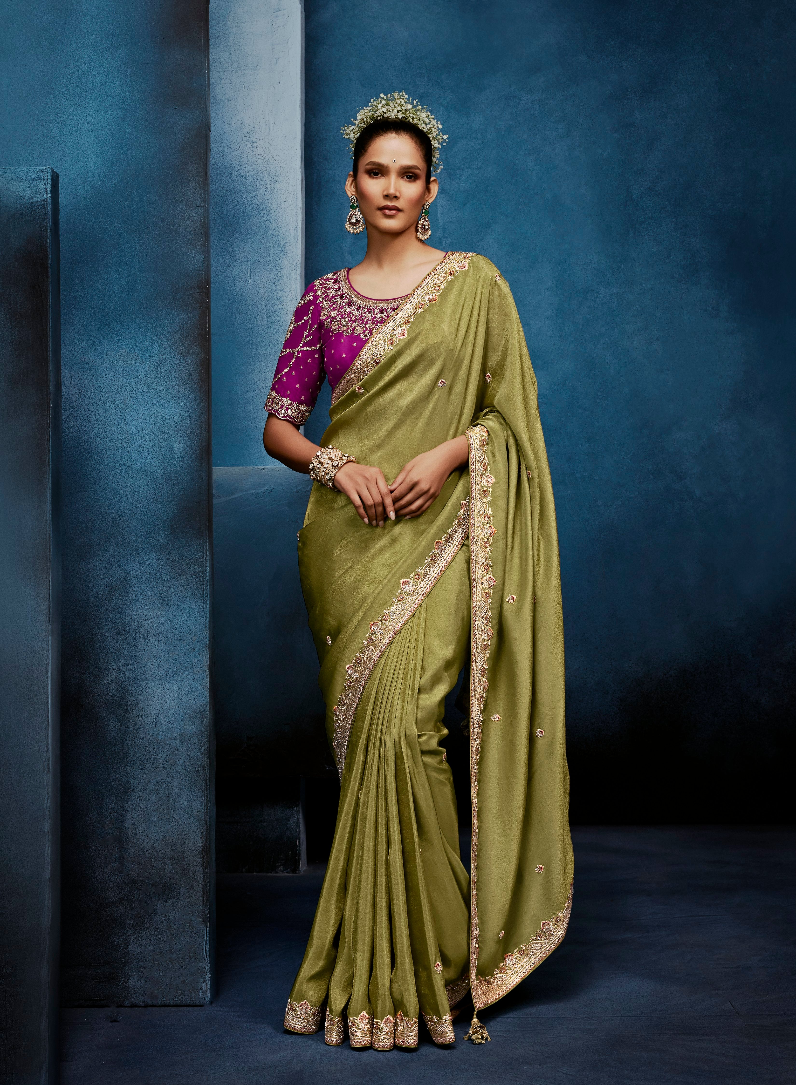 Olive Green Fancy Embroidery Borders Saree