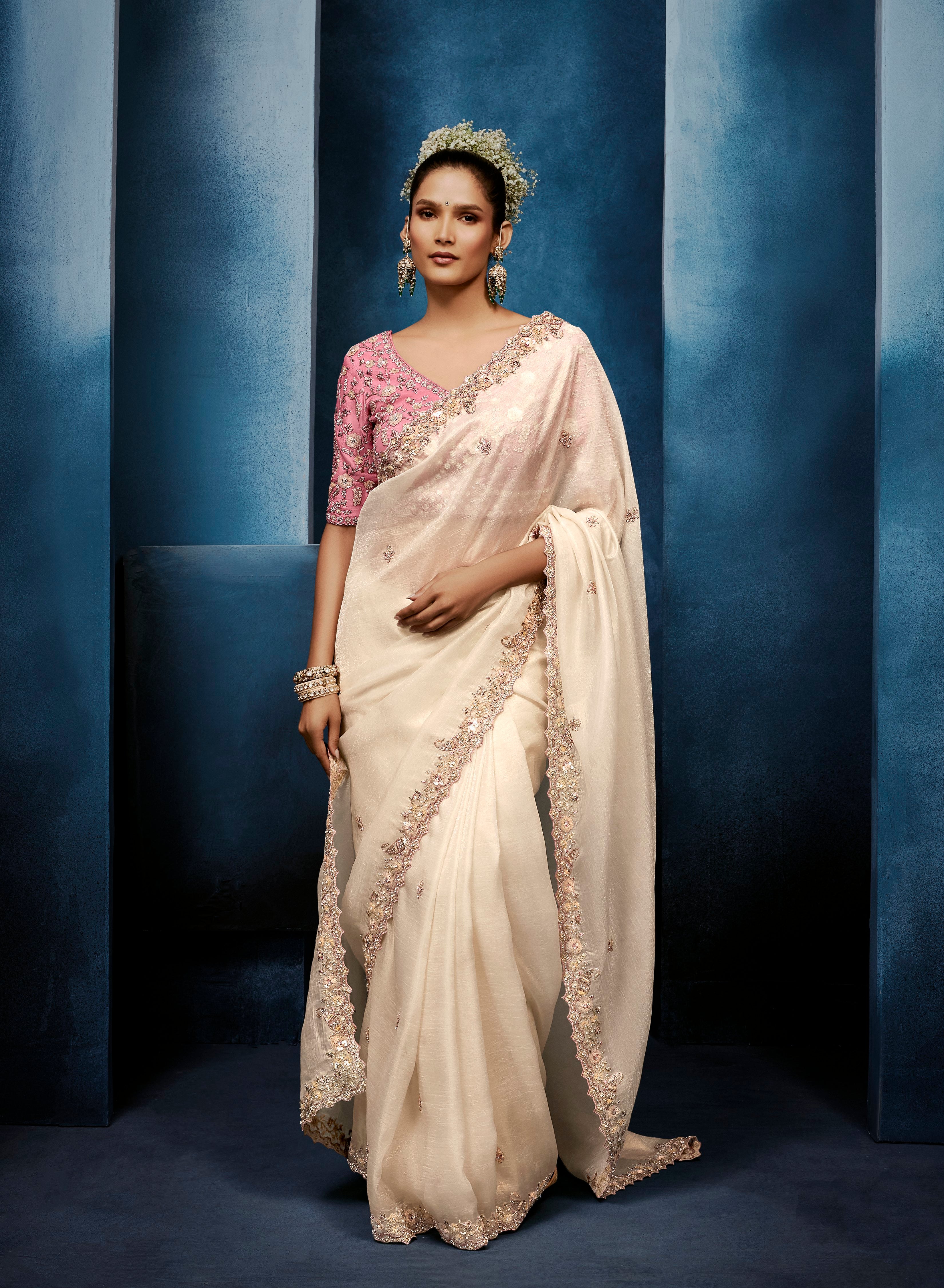 Off White Fancy Embroidery Borders Saree