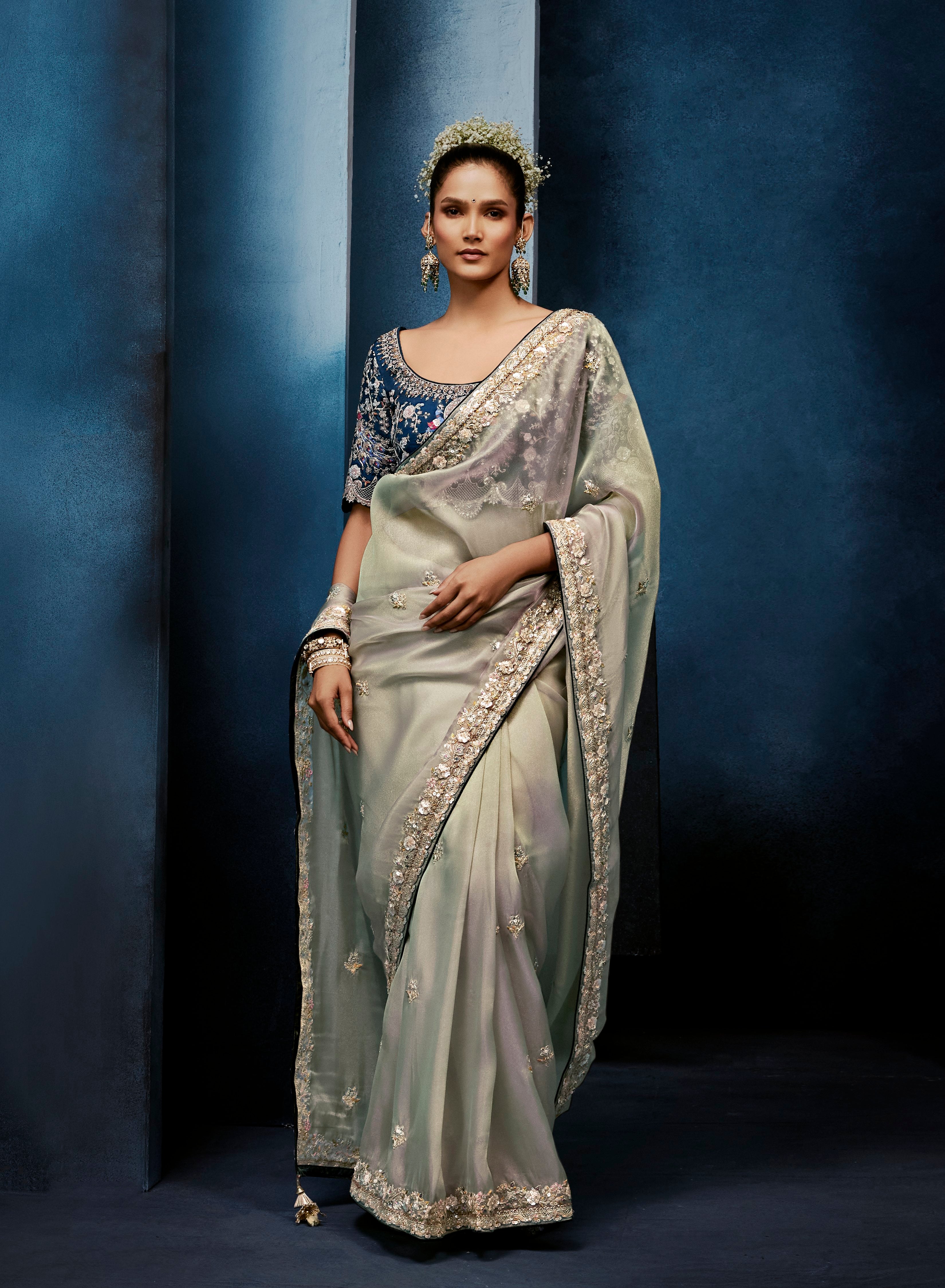 Silver Grey Fancy Embroidery Borders Saree