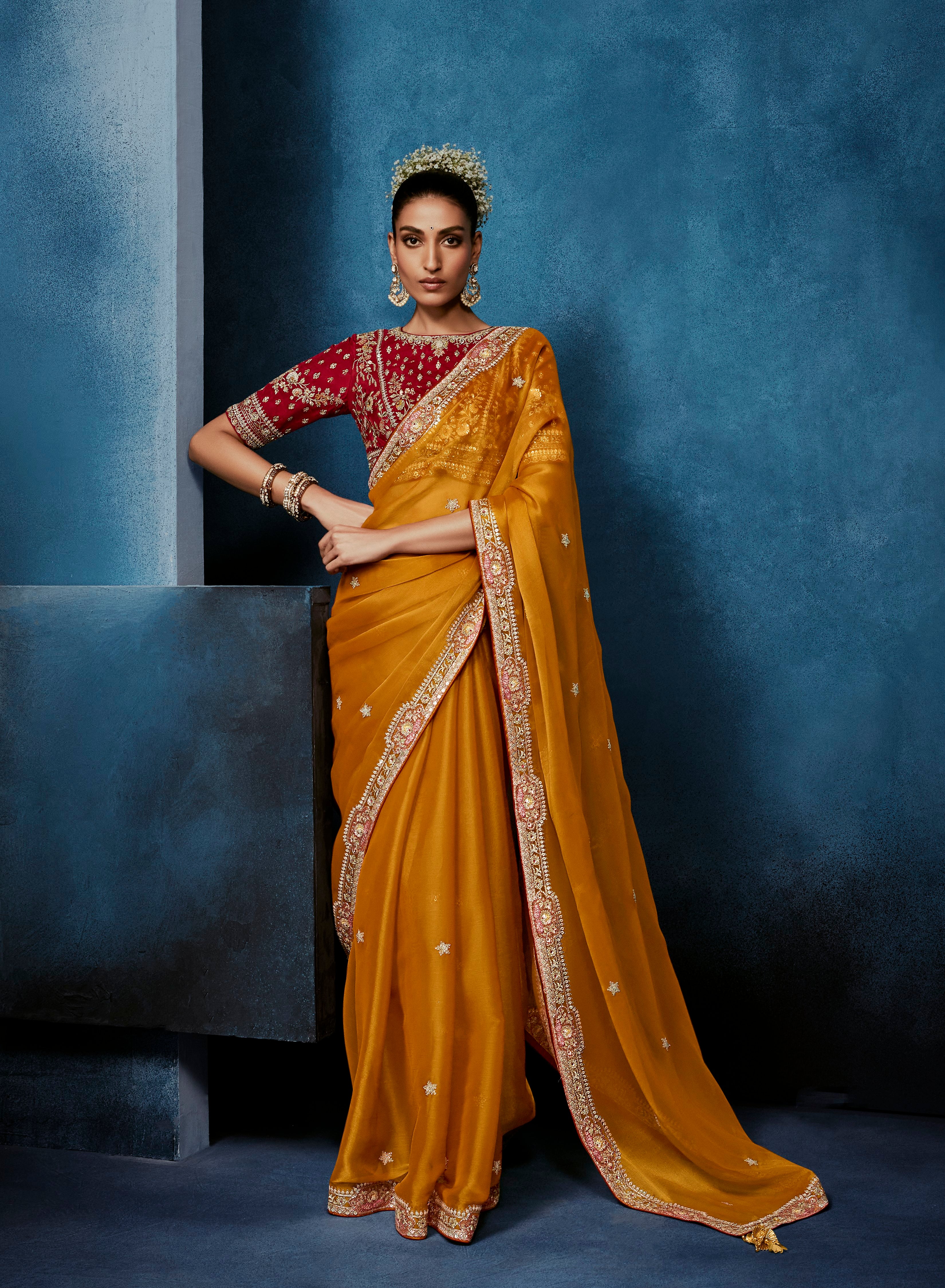 Orange Fancy Embroidery Borders Saree