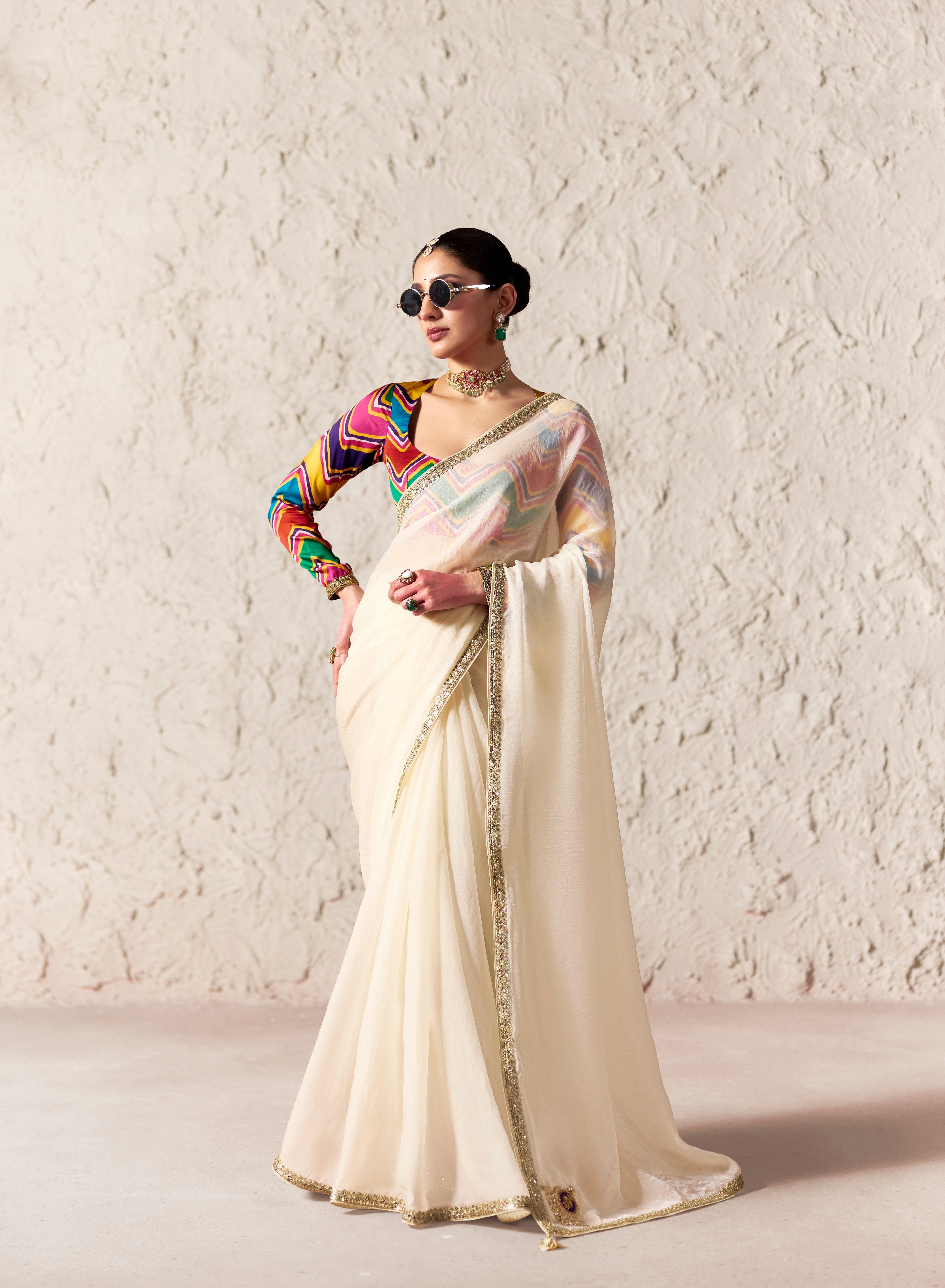 Off White Glass Tissue Designer Borders Saree
