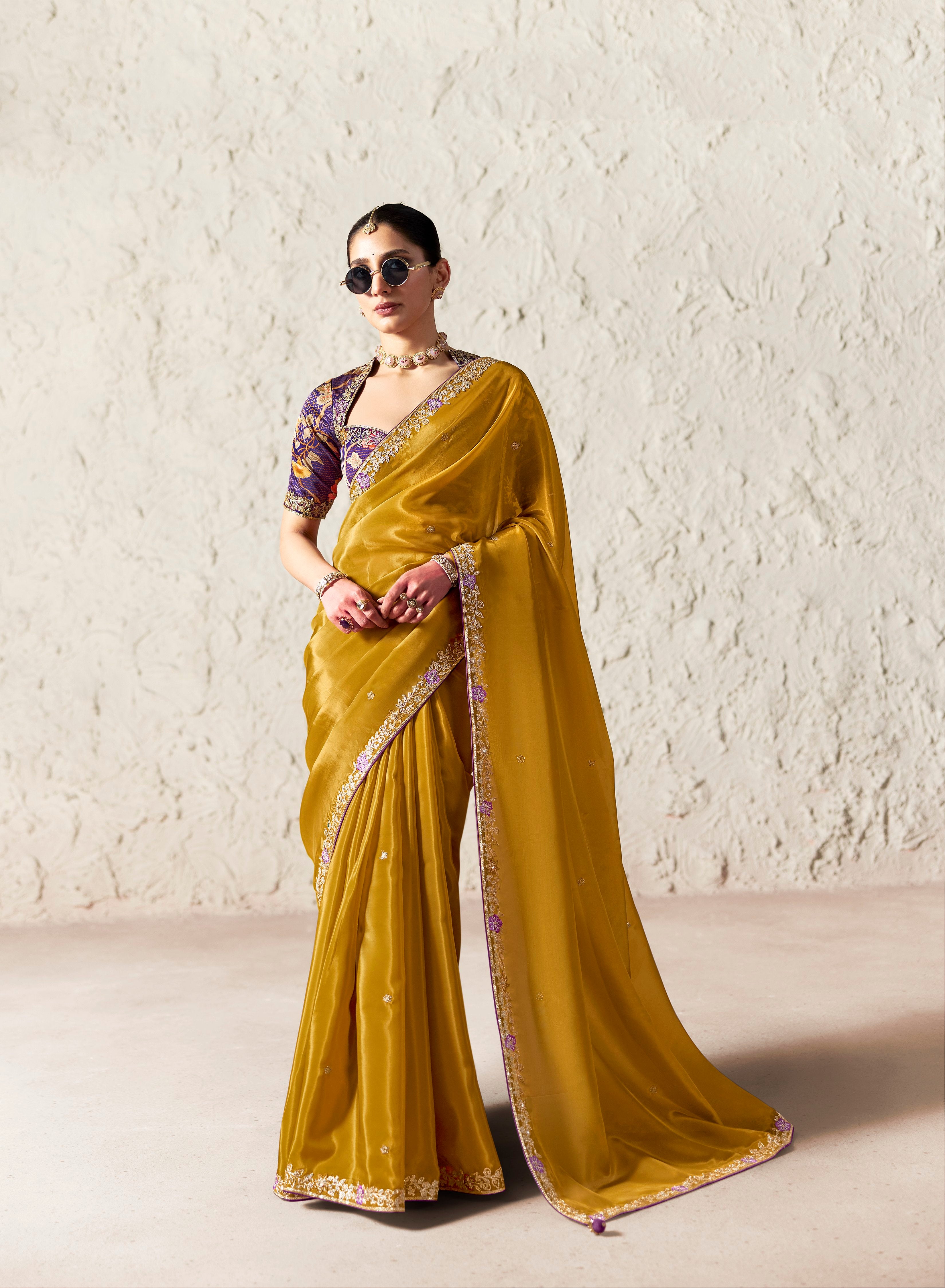 Mustard Glass Tissue Designer Borders Saree
