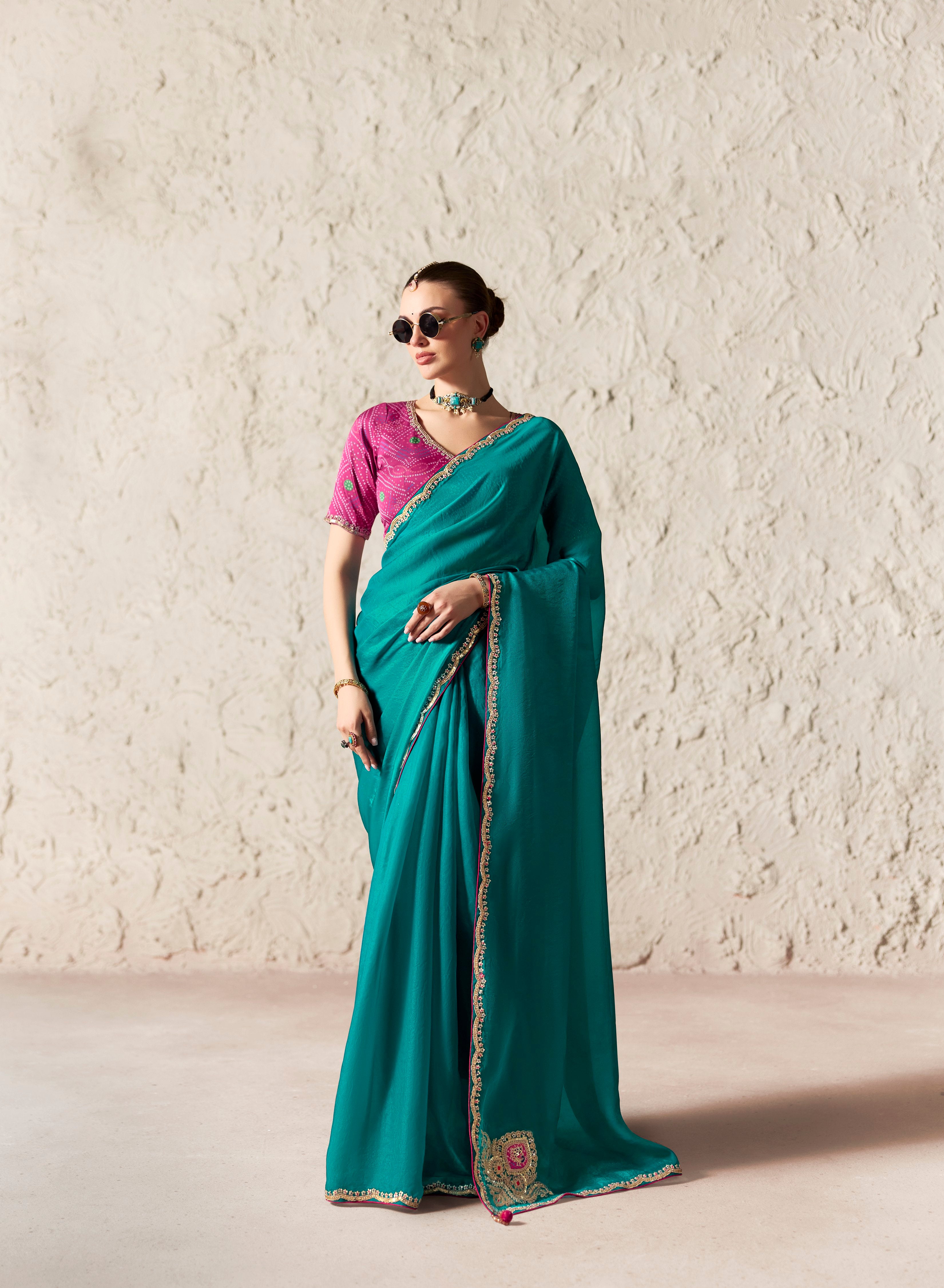 Teal Blue Glass Tissue Designer Borders Saree