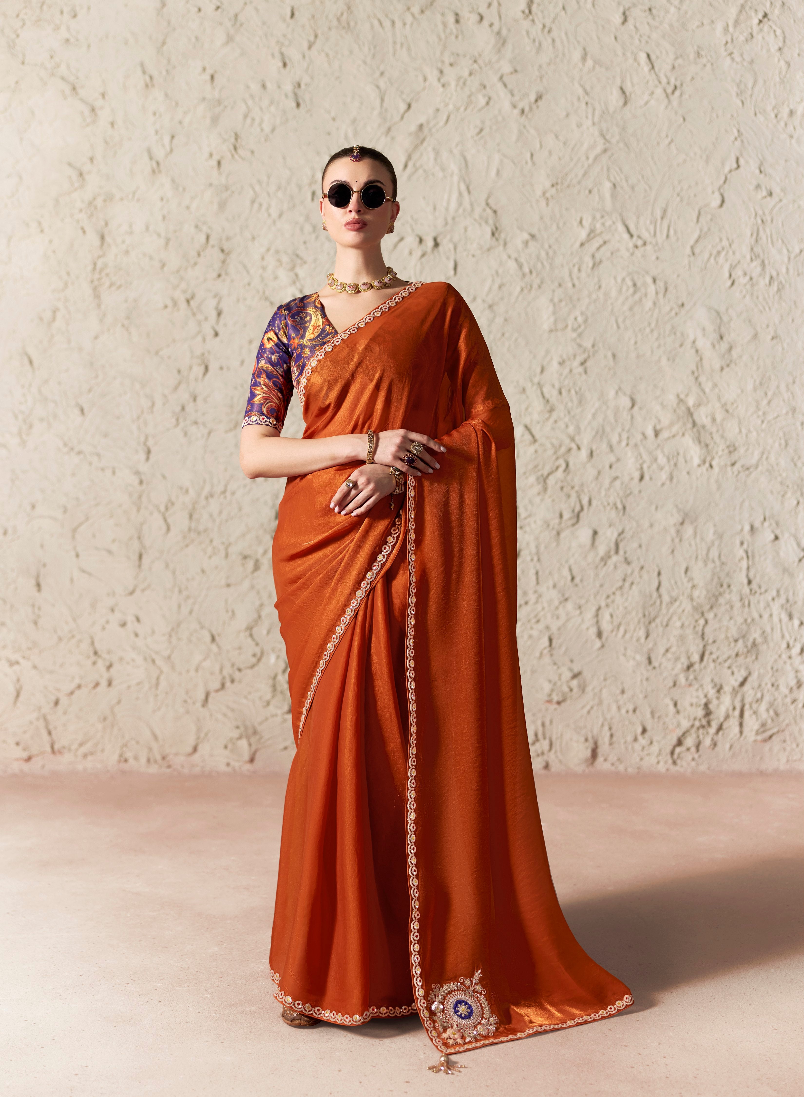 Rust Orange Glass Tissue Designer Borders Saree