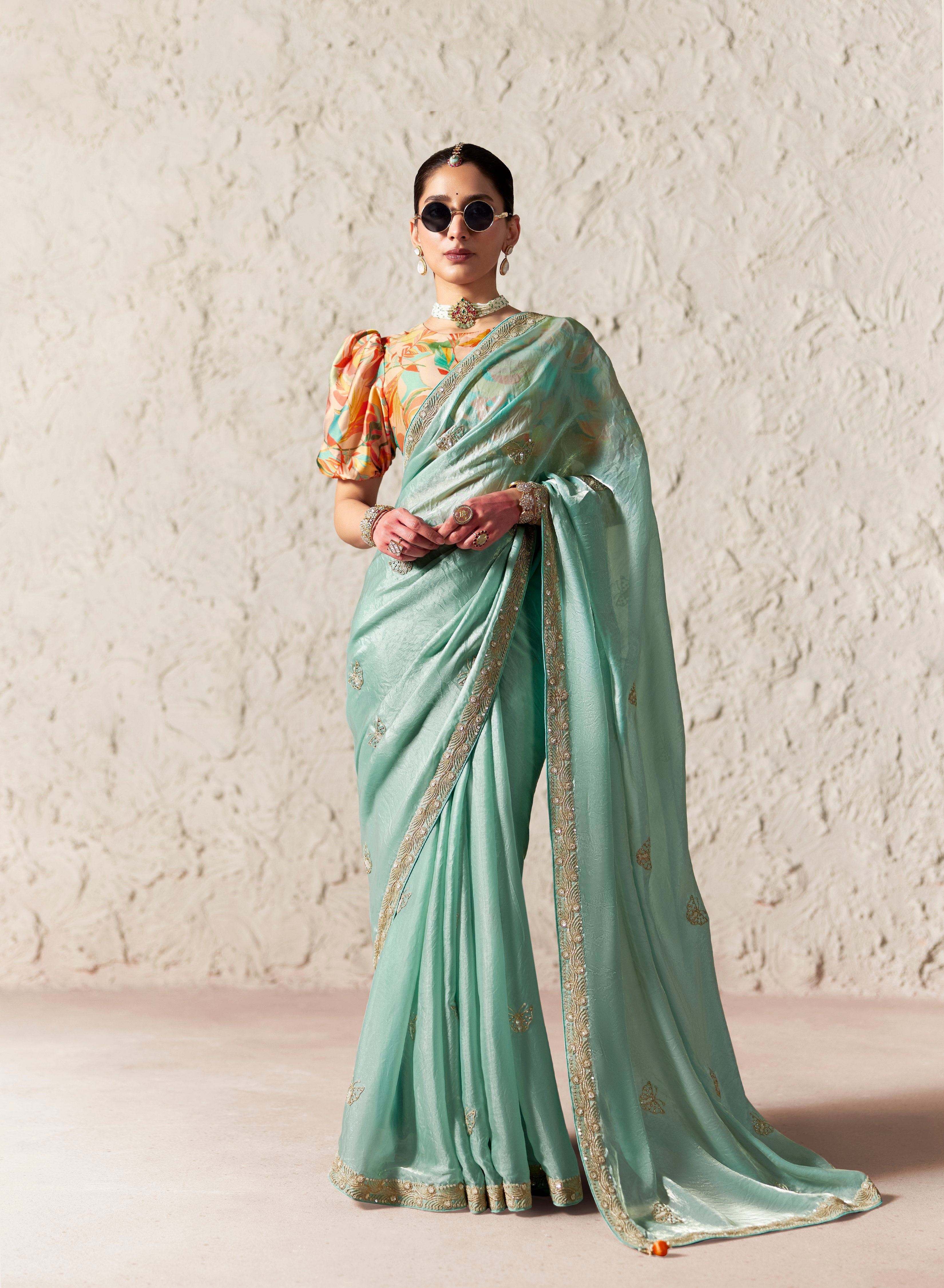 Aqua Blue Glass Tissue Designer Borders Saree