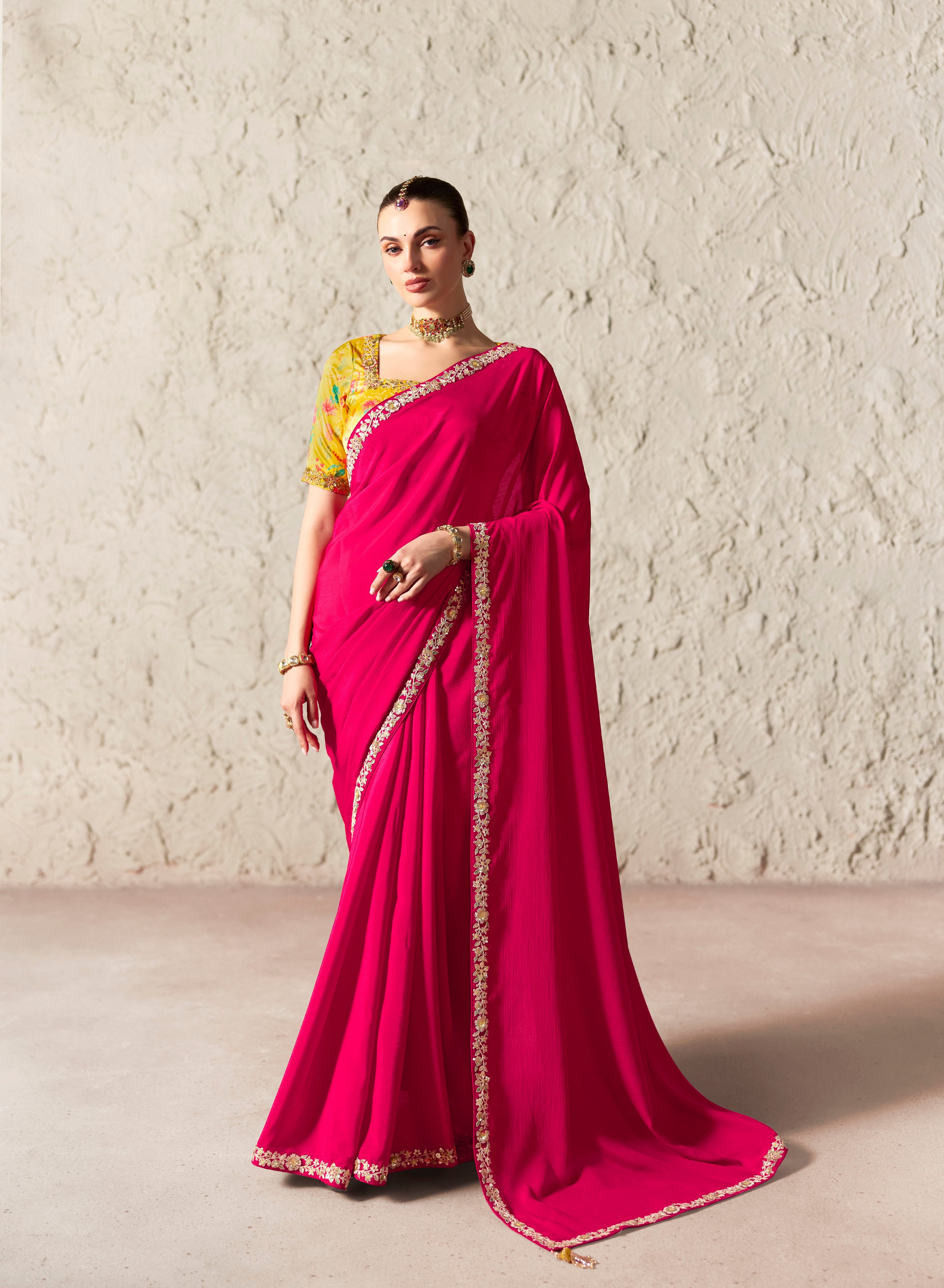 Magenta Pink Glass Tissue Designer Borders Saree