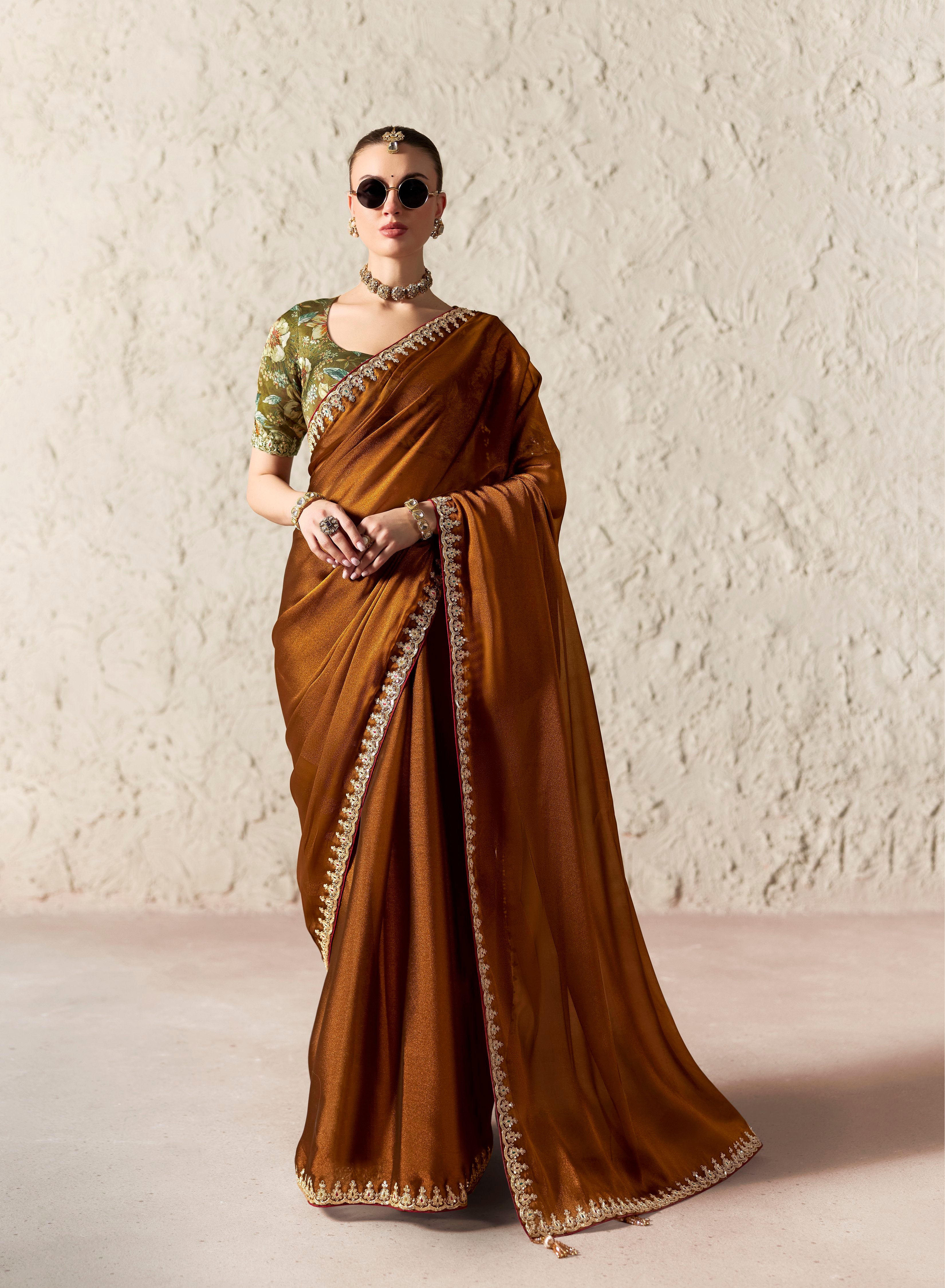 Brown Glass Tissue Designer Borders Saree