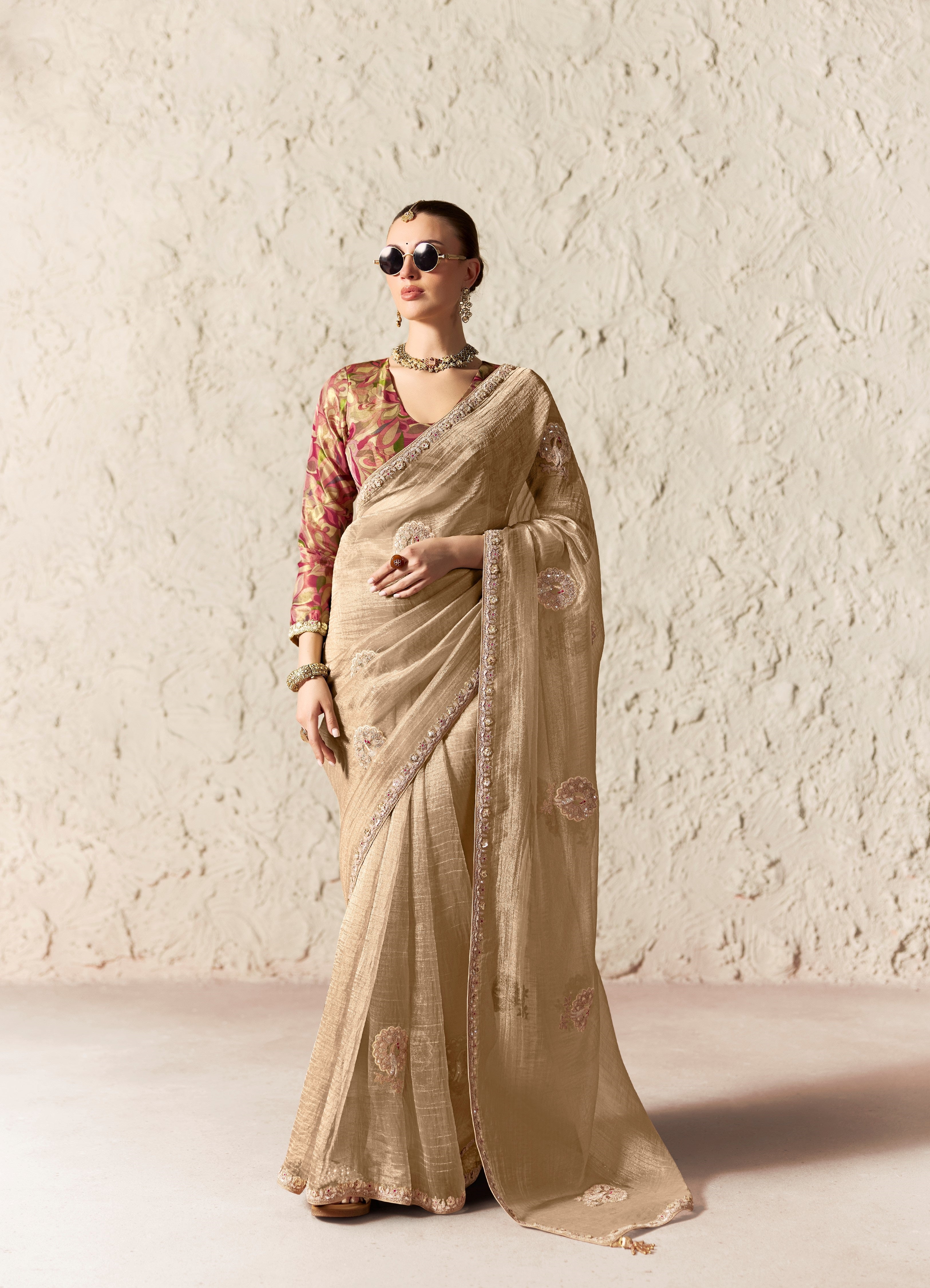 Beige Glass Tissue Designer Borders Saree