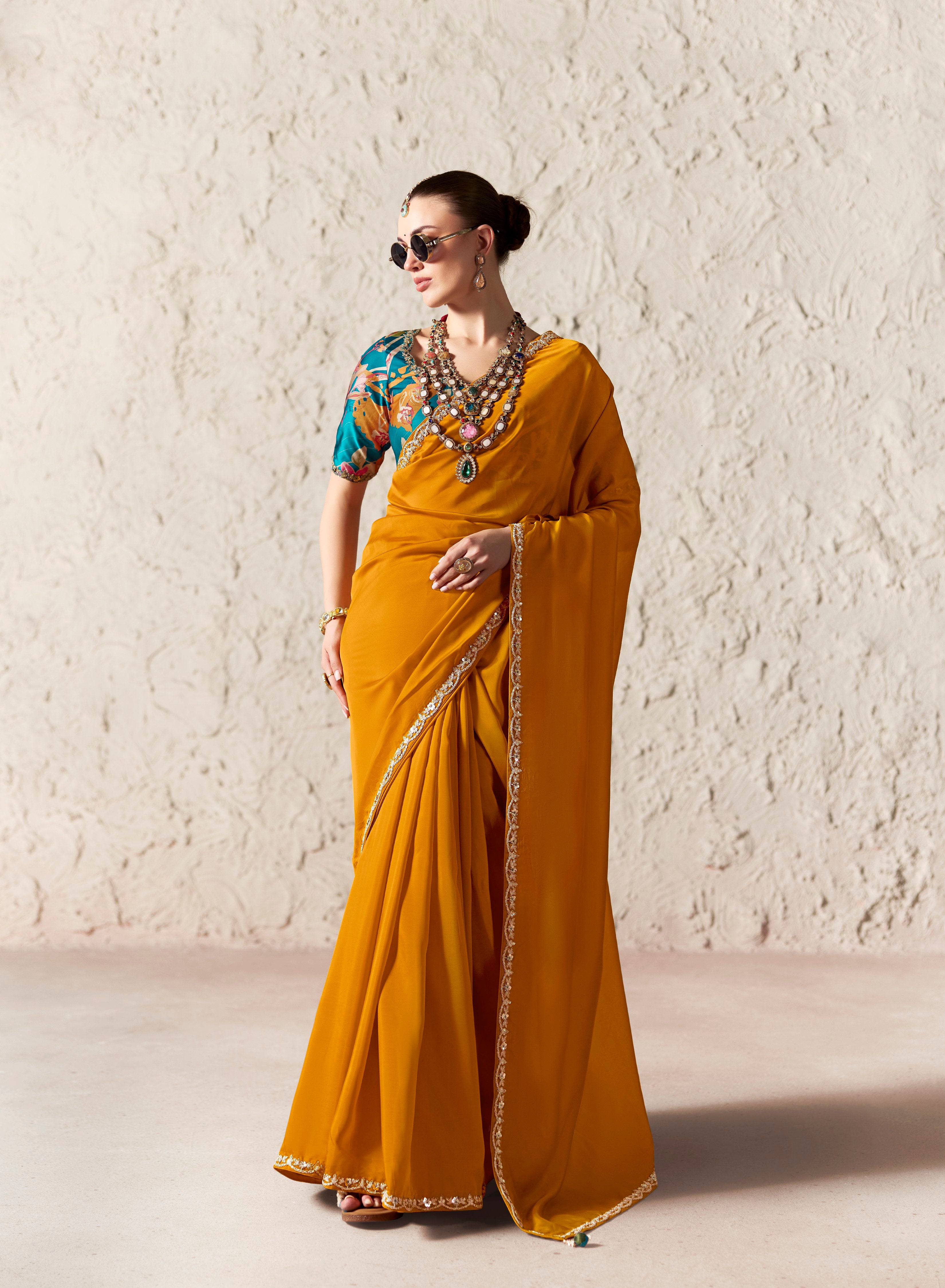 Mustard Yellow Glass Tissue Designer Borders Saree