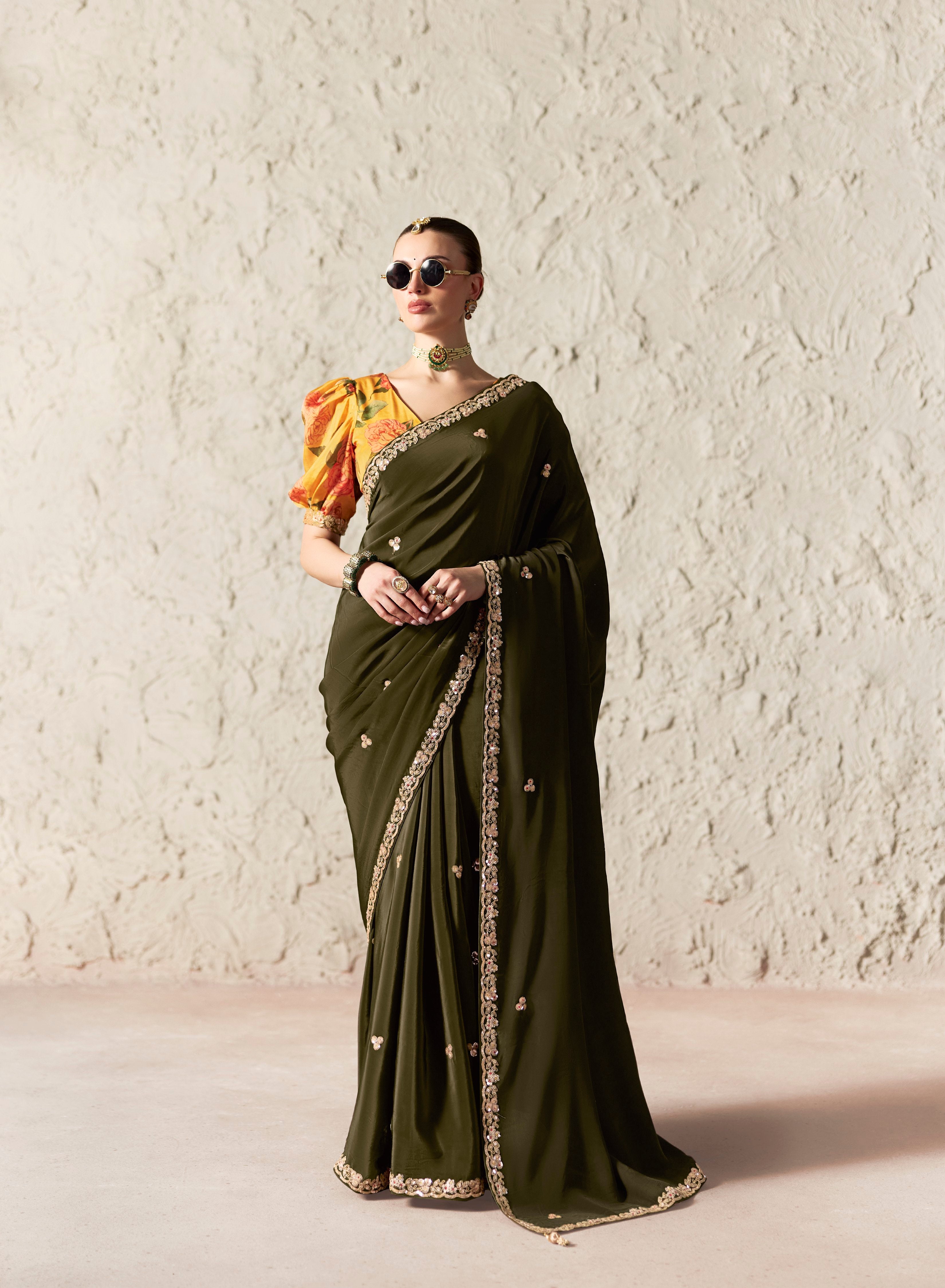 Olive Green Glass Tissue Designer Borders Saree