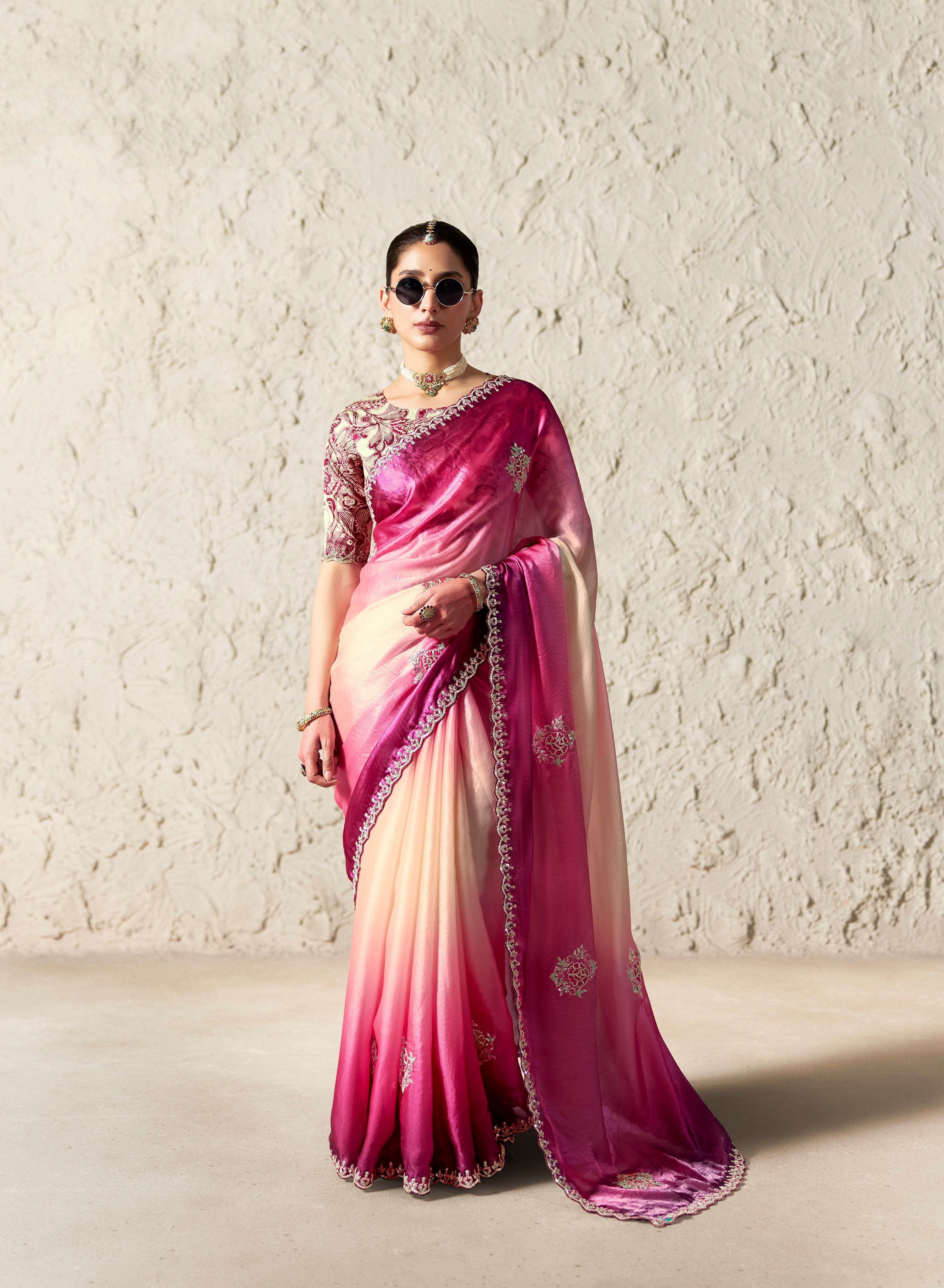 Rani Pink Glass Tissue Designer Borders Saree