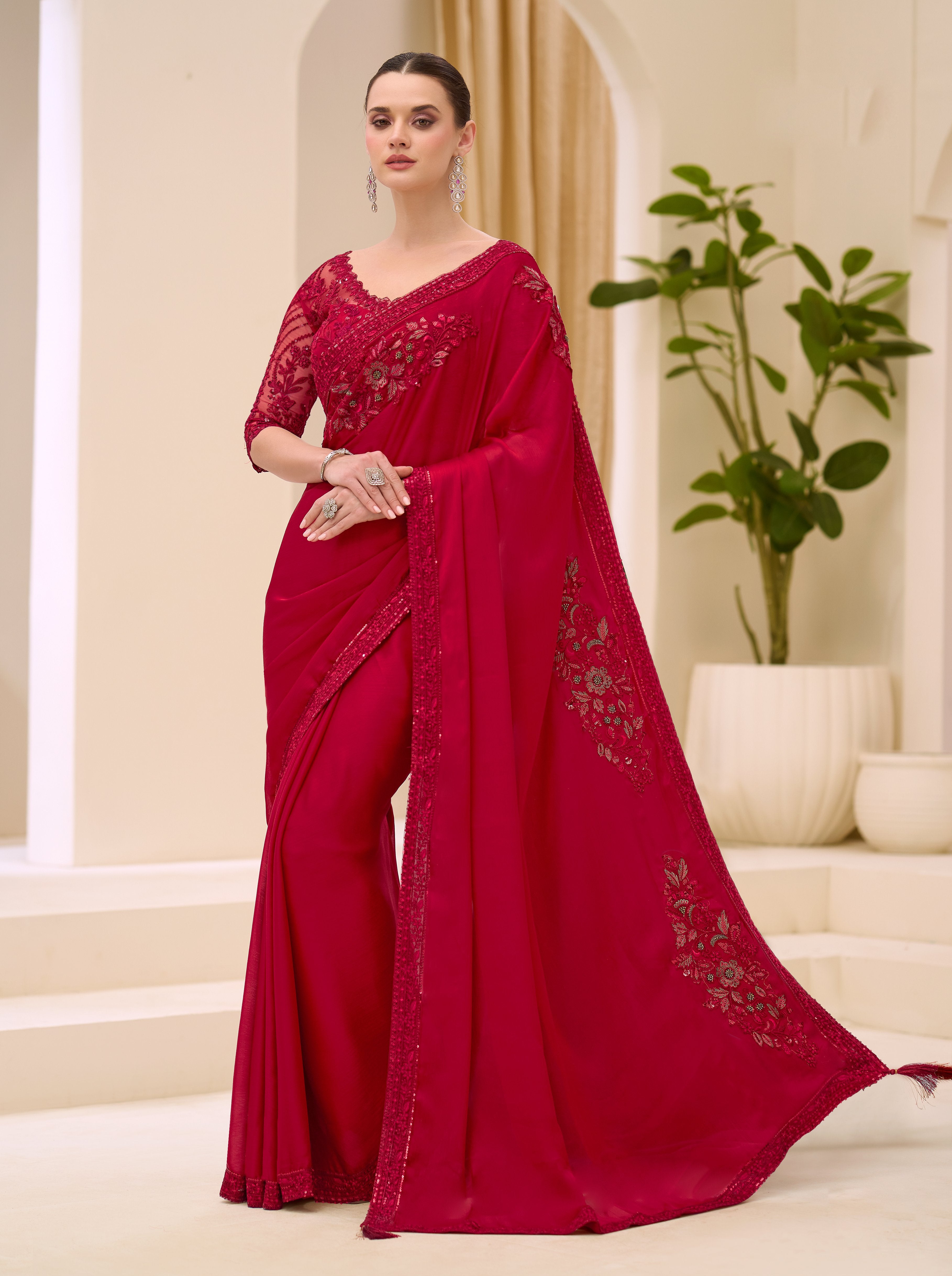 Cherry Red Satin Chiffon Banglori Blouse Saree