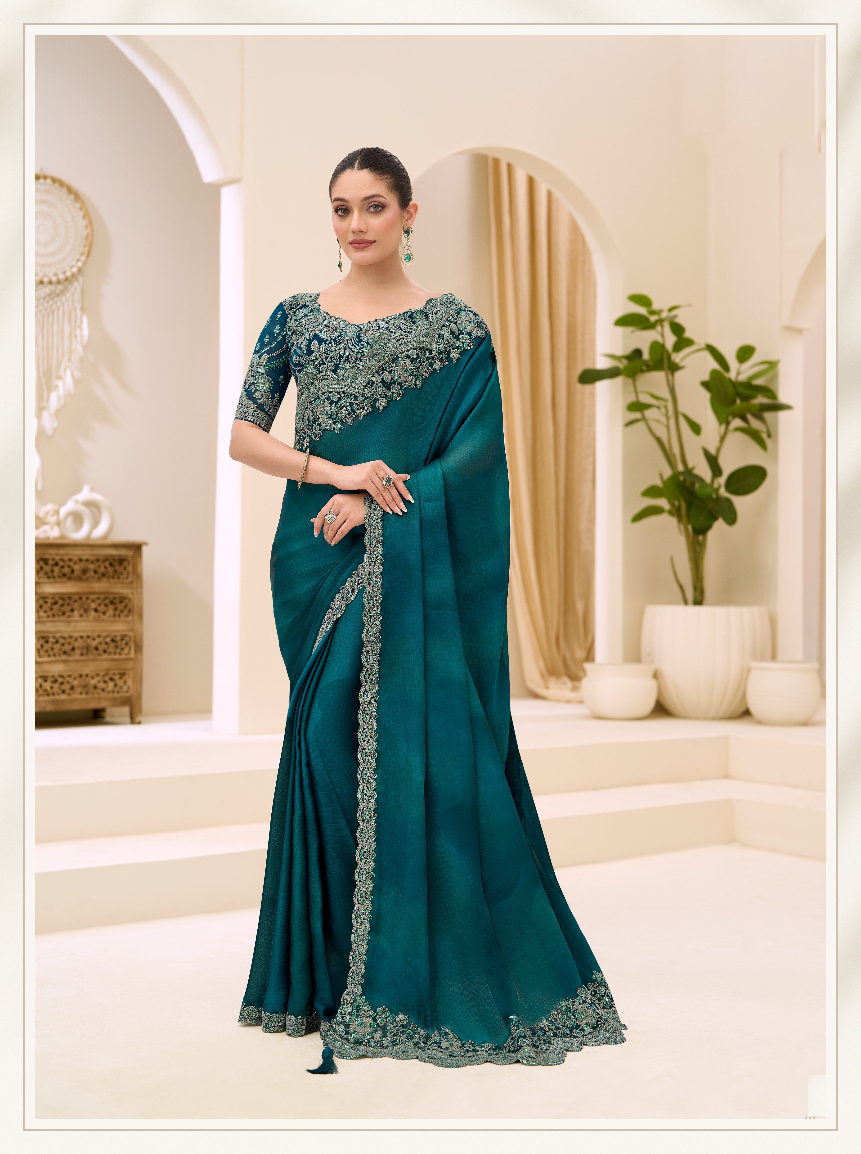 Rama Green Satin Chiffon Banglori Blouse Saree