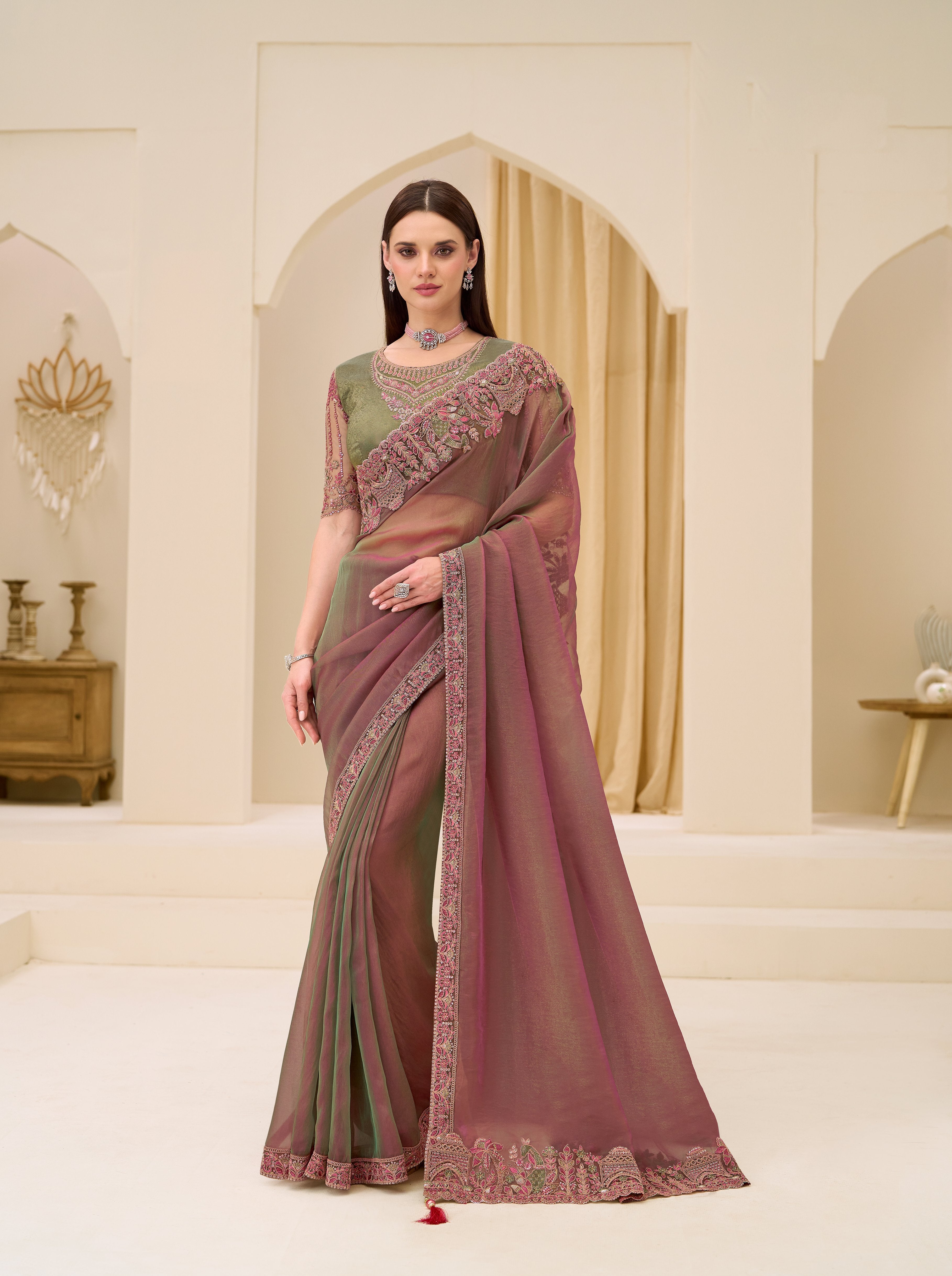 Mauve Georgette Brocade Zari Work Saree