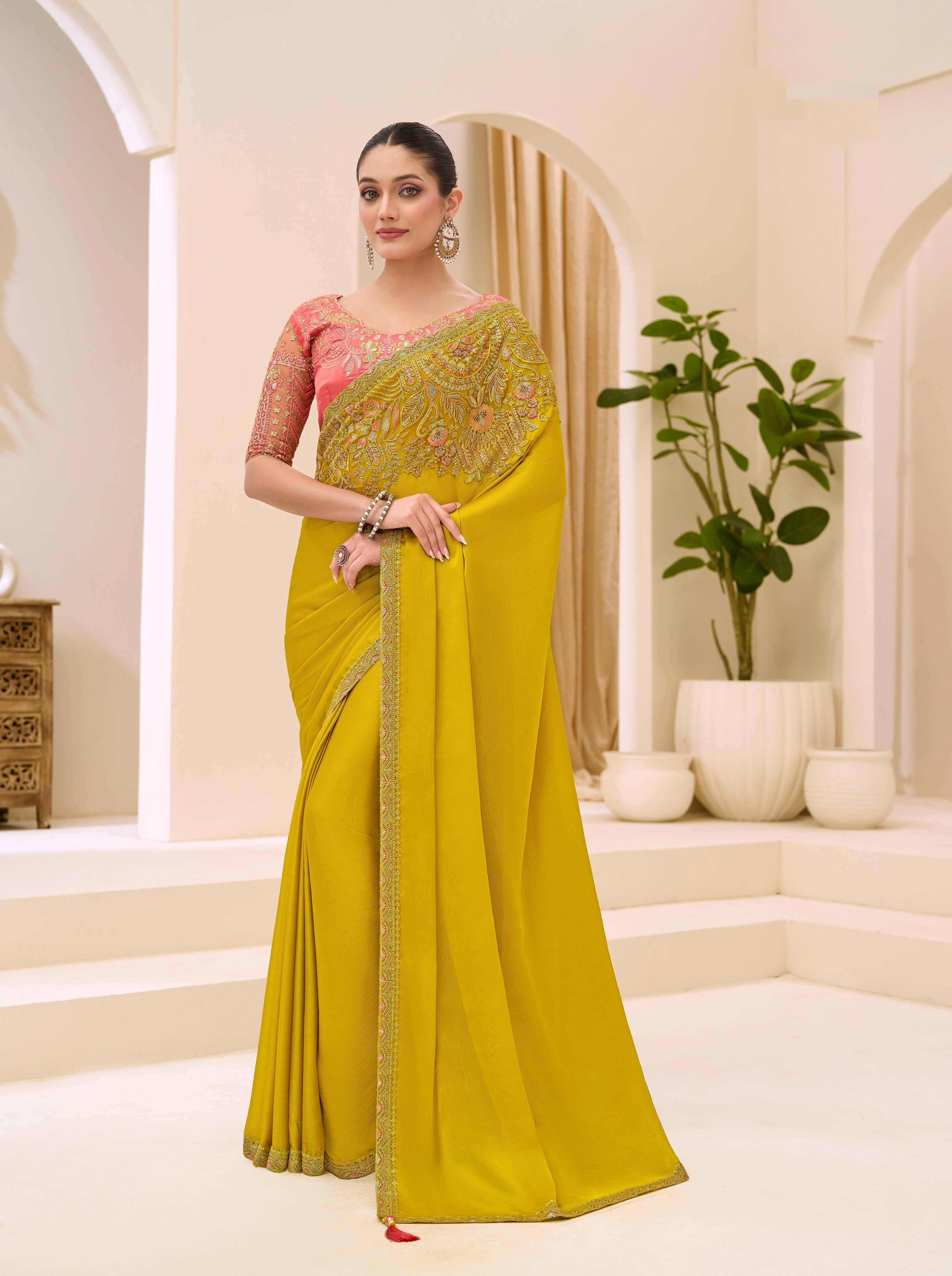 Yellow Satin Chiffon Banglori Blouse Saree