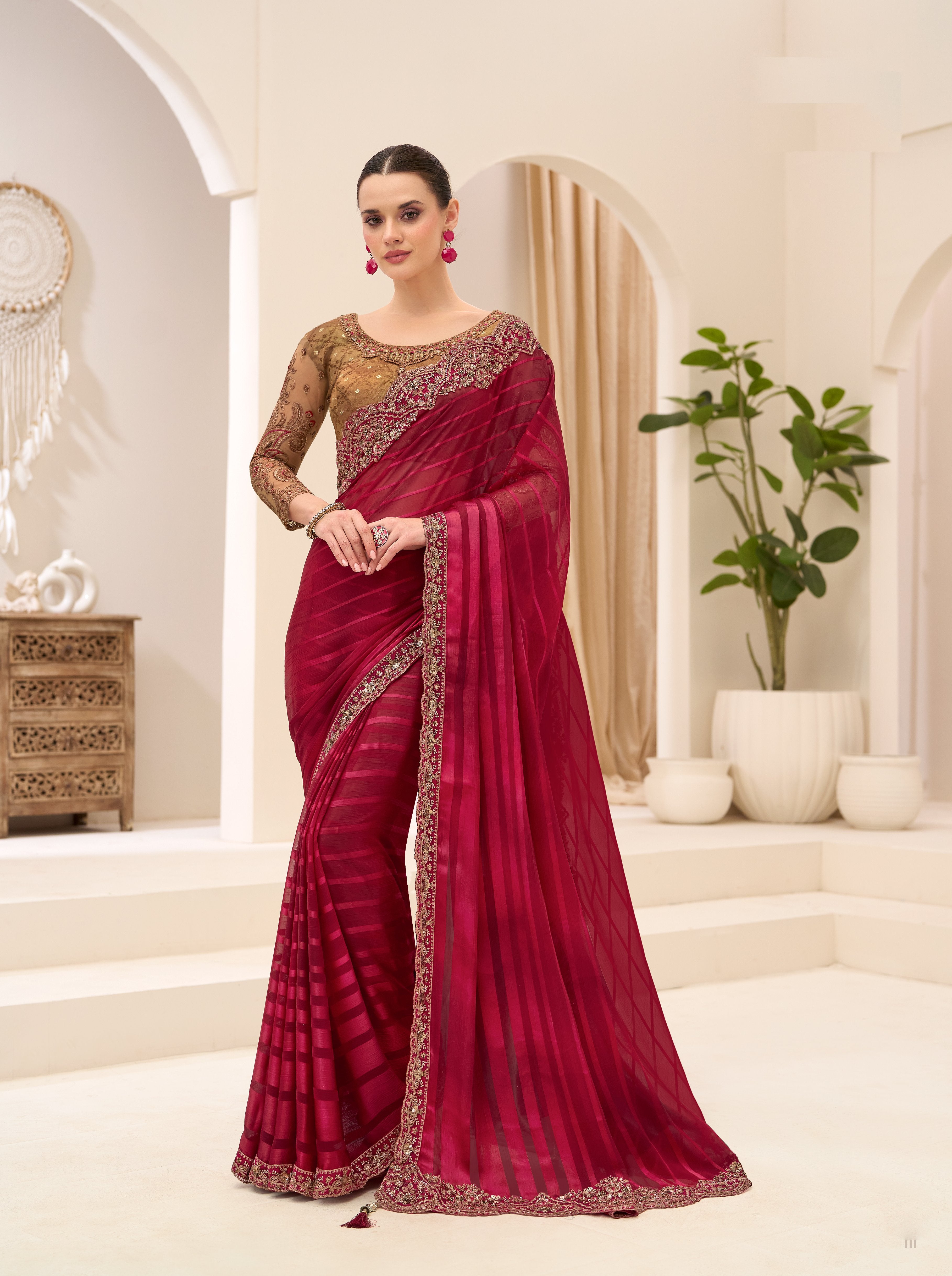 Maroon Georgette Satin Brocade Zari Work Saree
