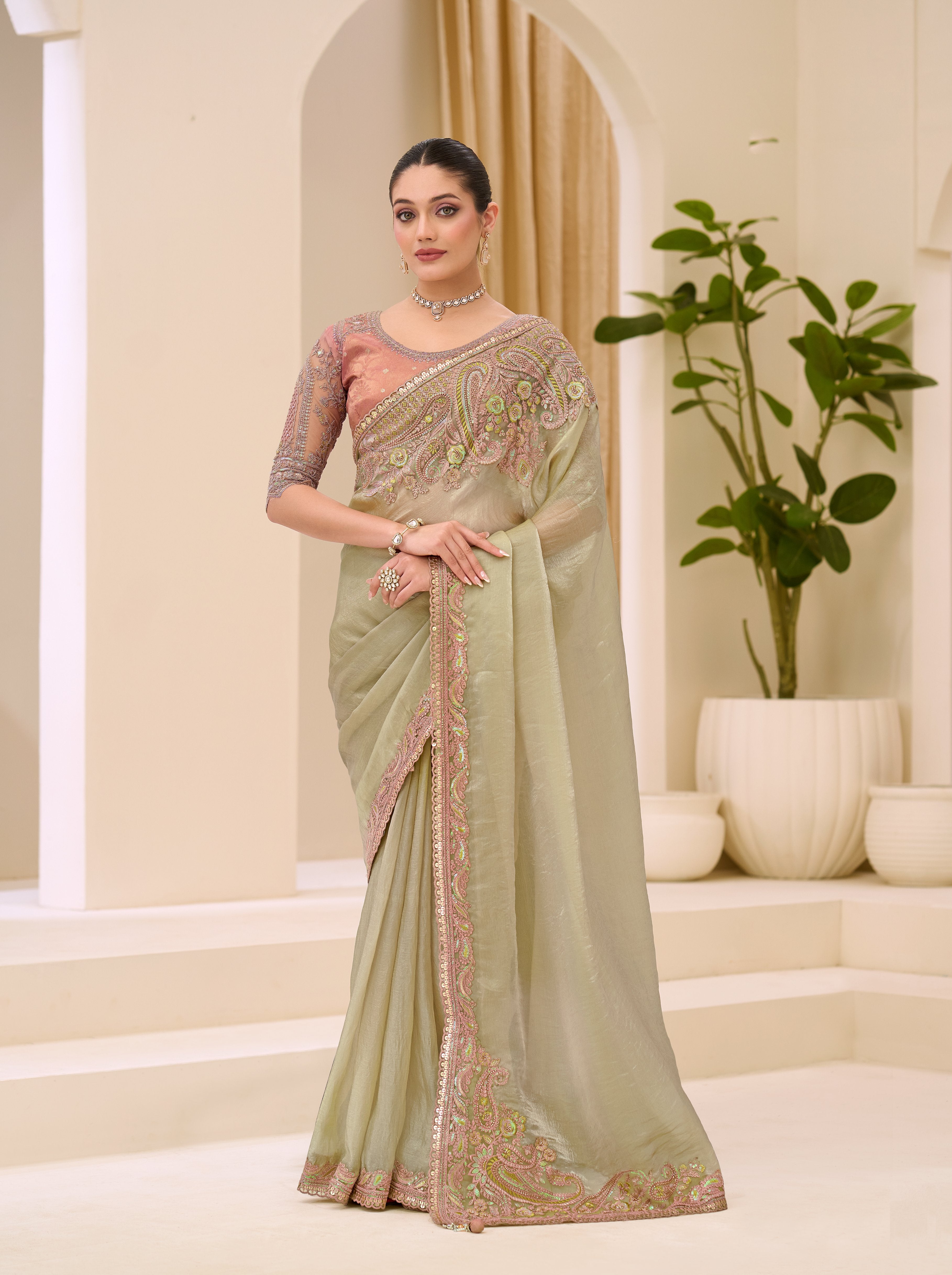 Sage Green Tissue Brocade Zari Work Saree