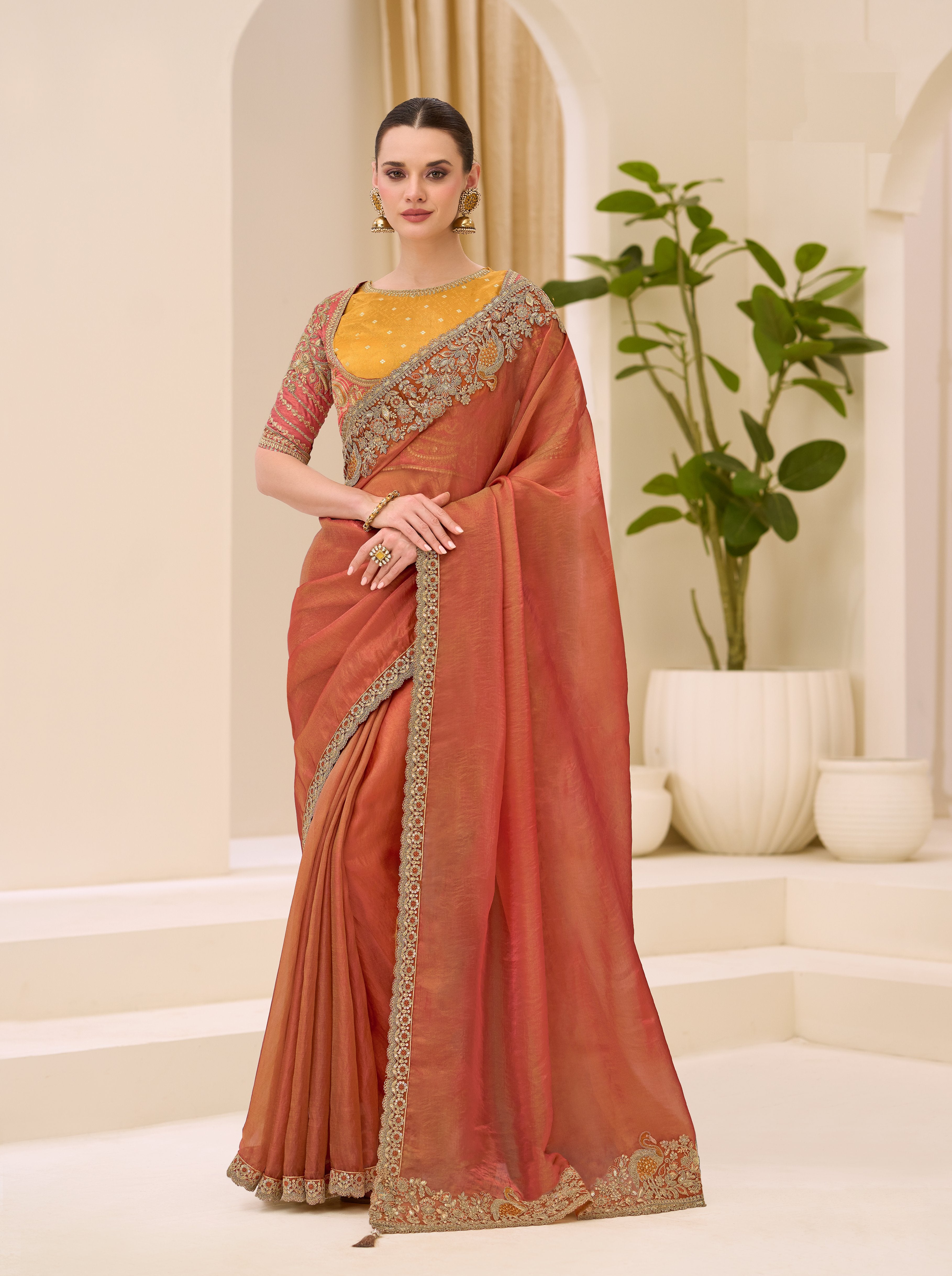 Peach Silk Brocade Blouse Saree