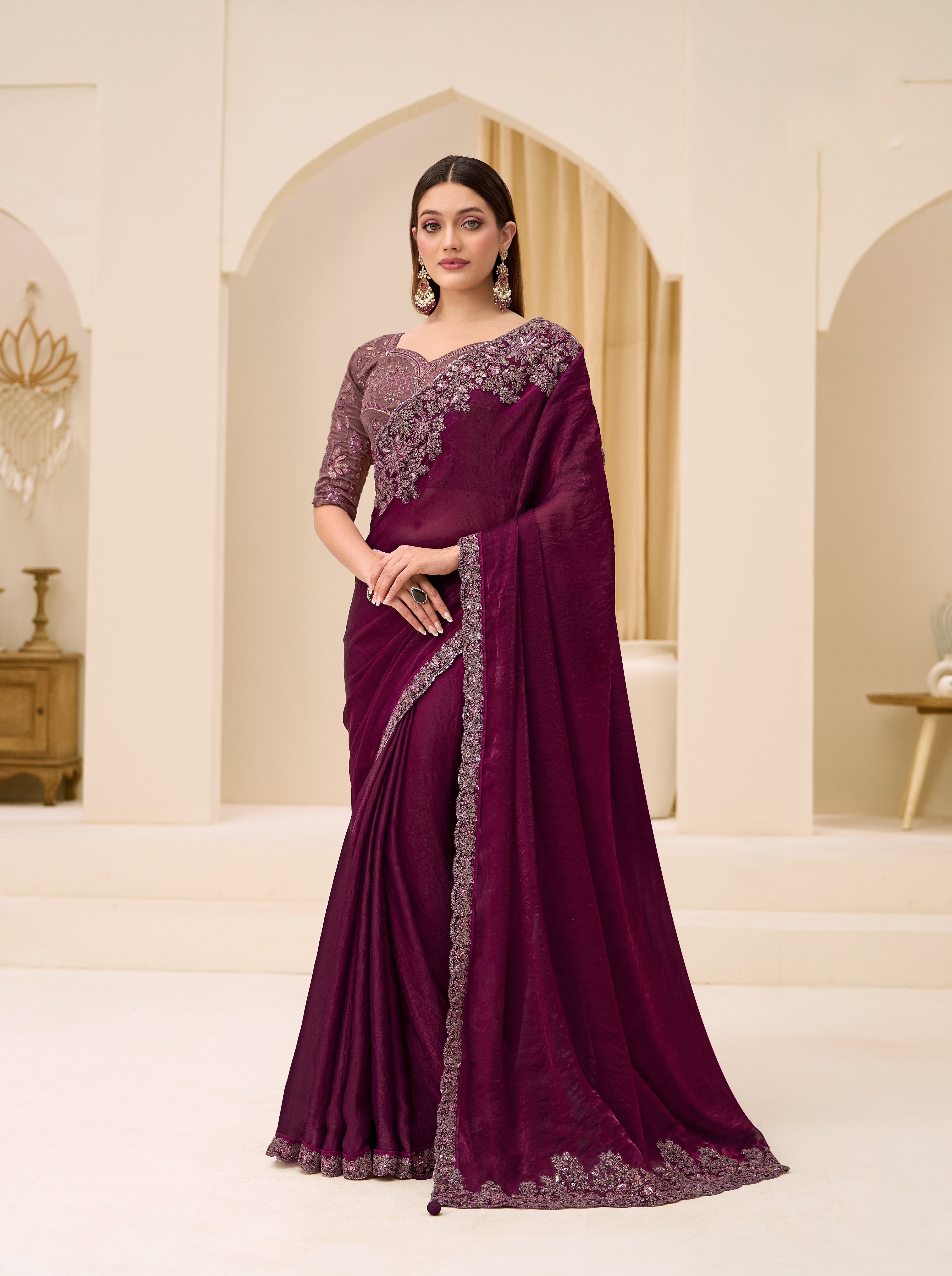 Wine Satin Silk Brocade Work Saree