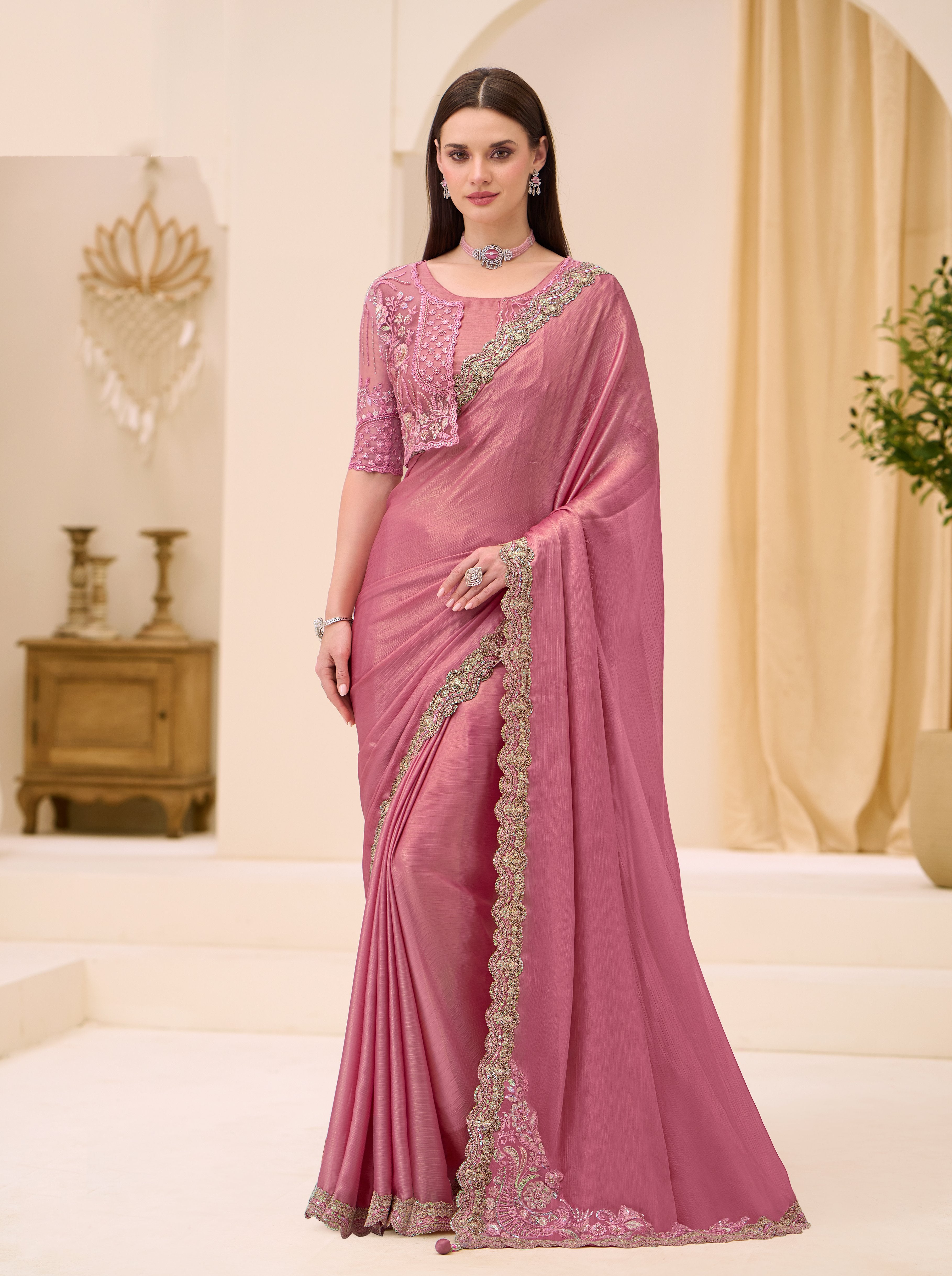 Pink Shimmer Satin Jacket Work Blouse Saree