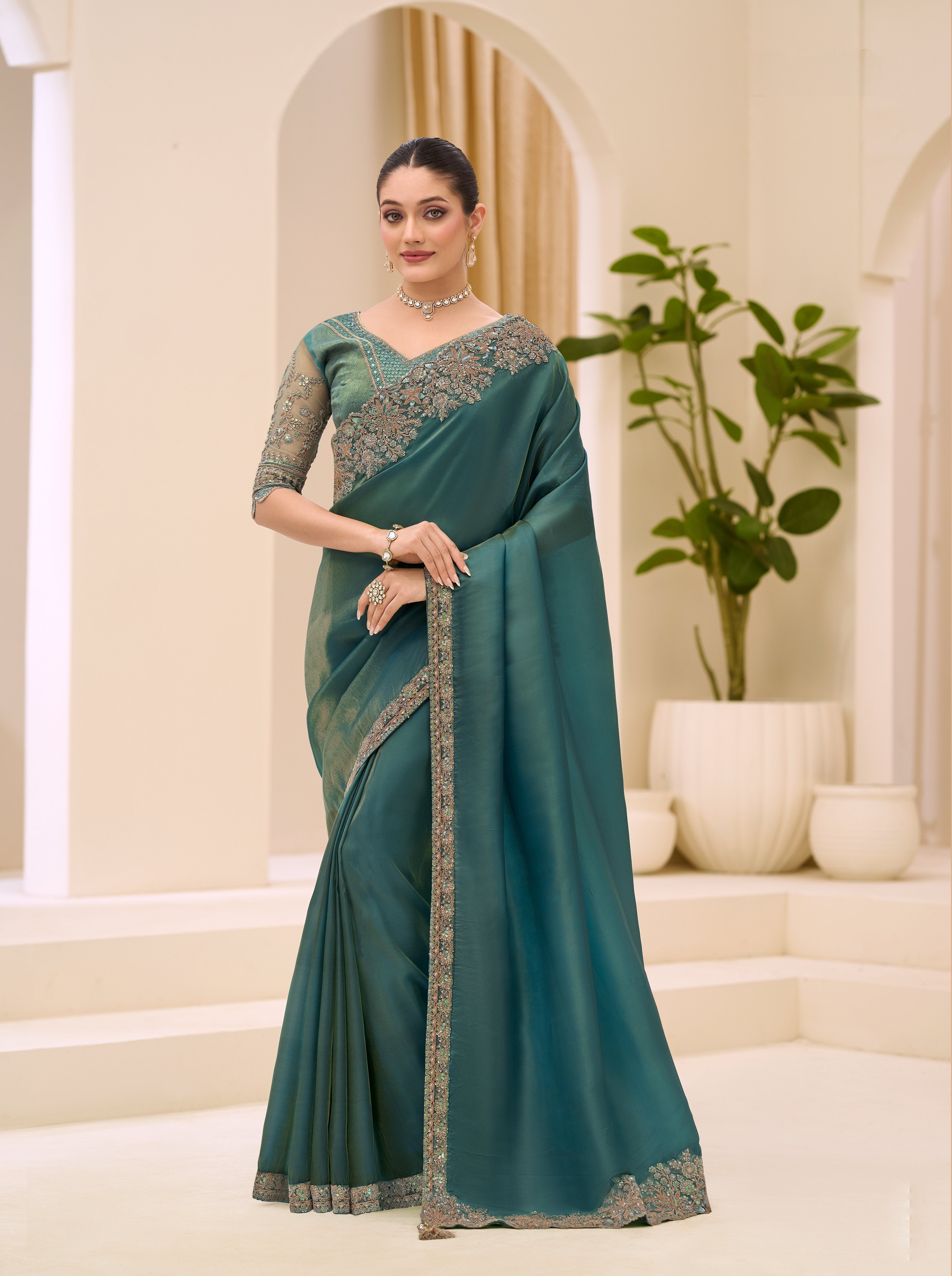 Teal Blue Tissue Brocade Zari Work Saree