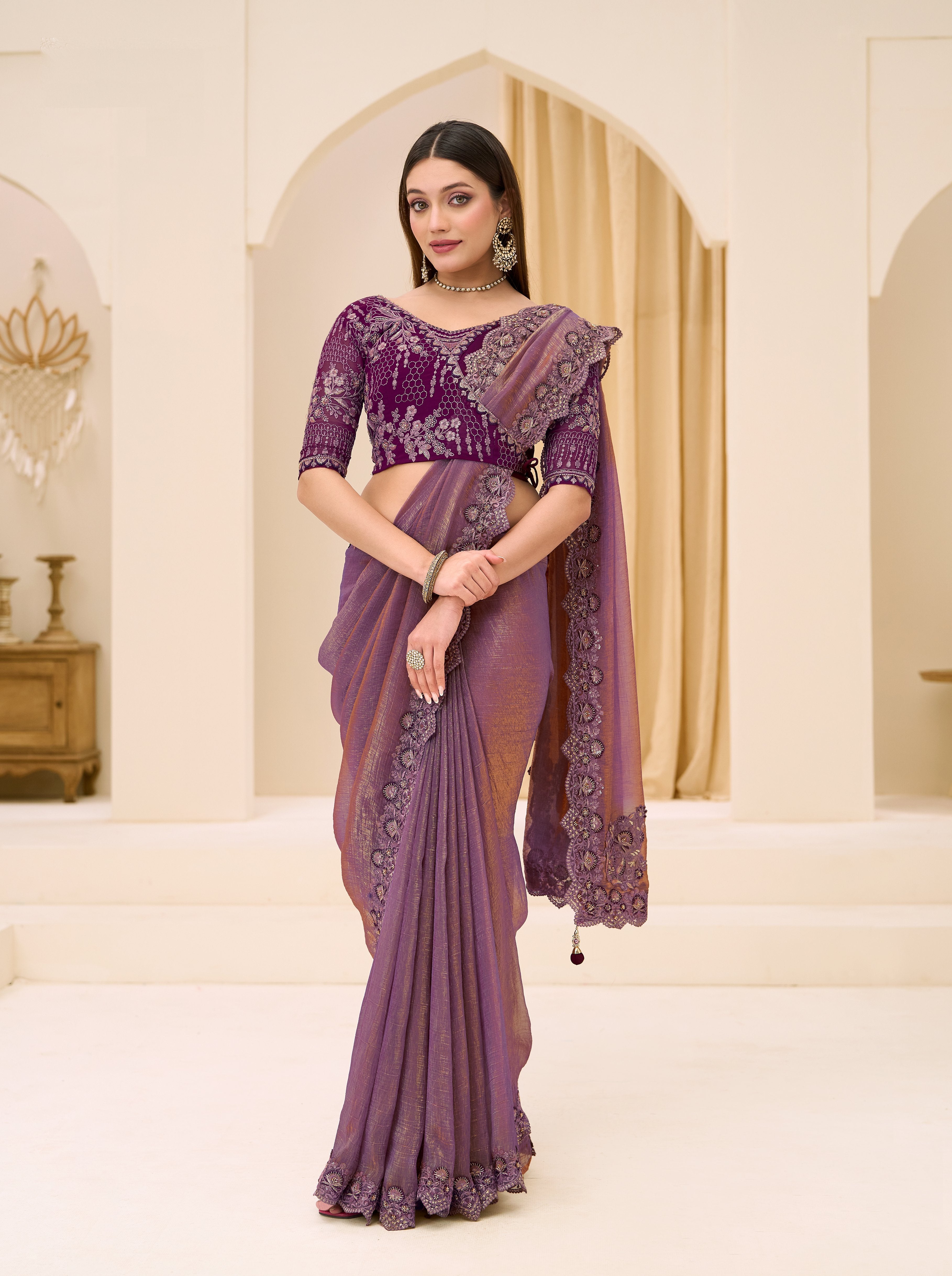 Purple Georgette Tissue Designer Saree