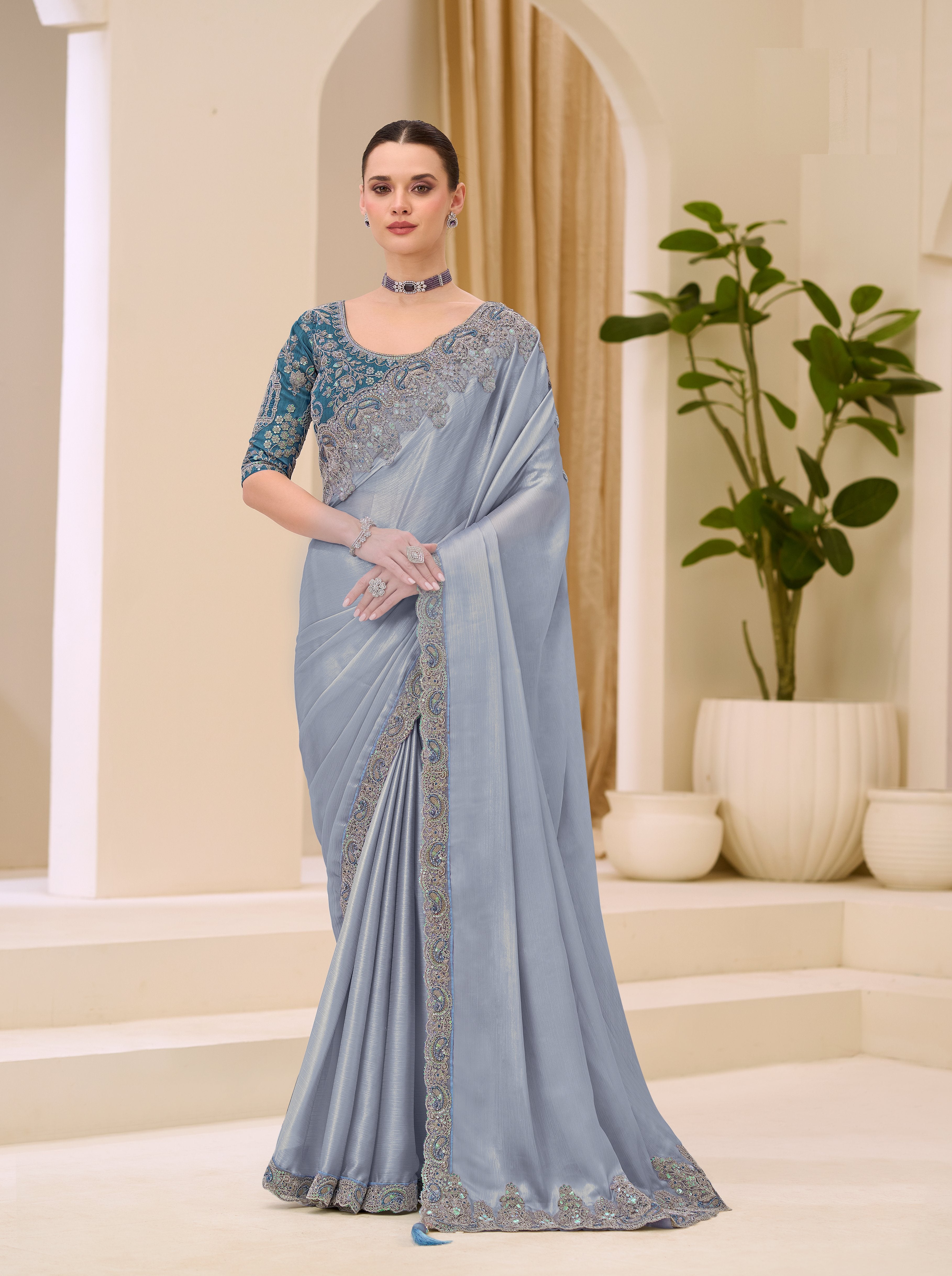Pearl Blue Satin Banglori Work Blouse Saree