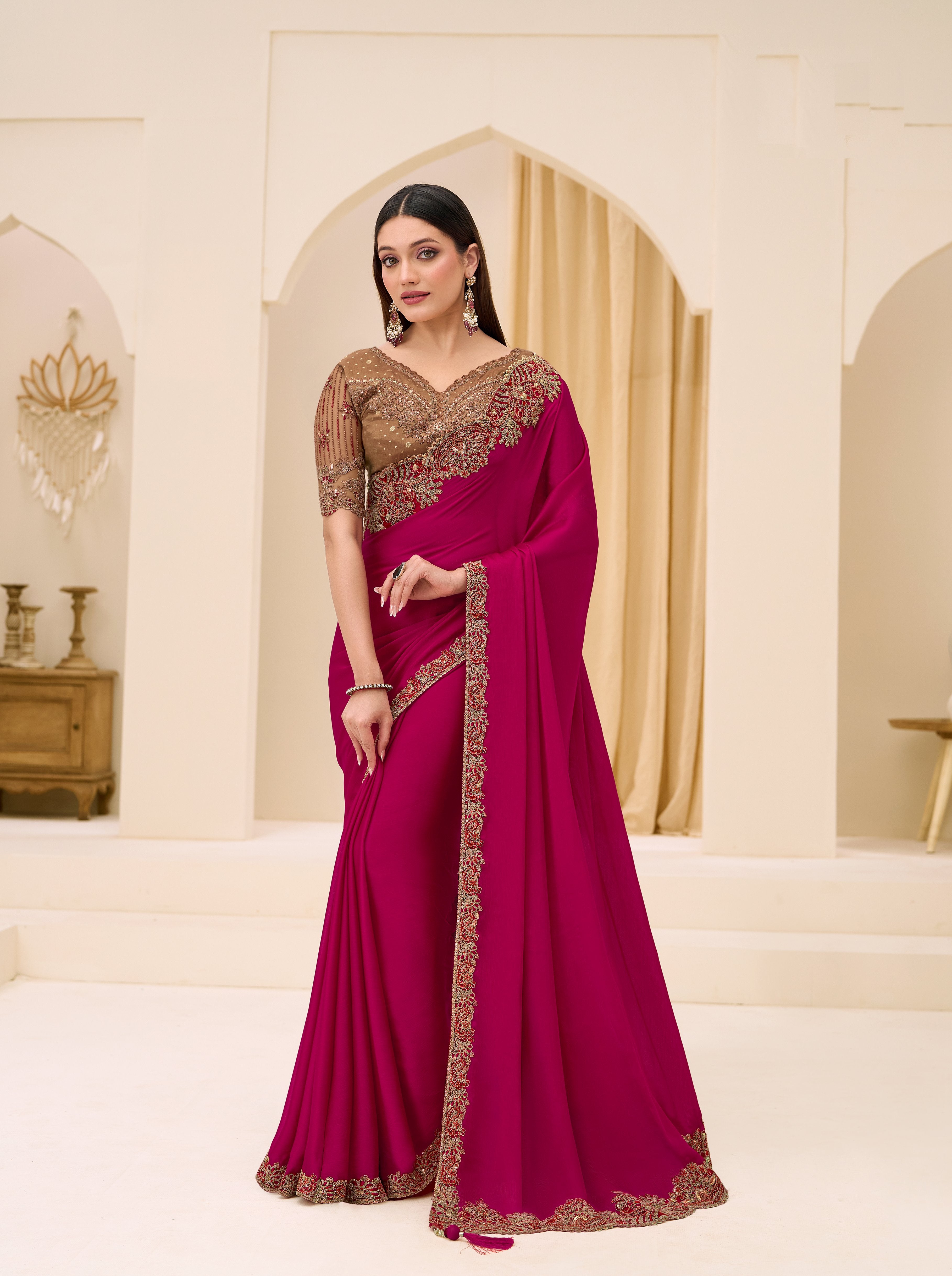 Magenta Satin Georgette Brocade Zari Saree