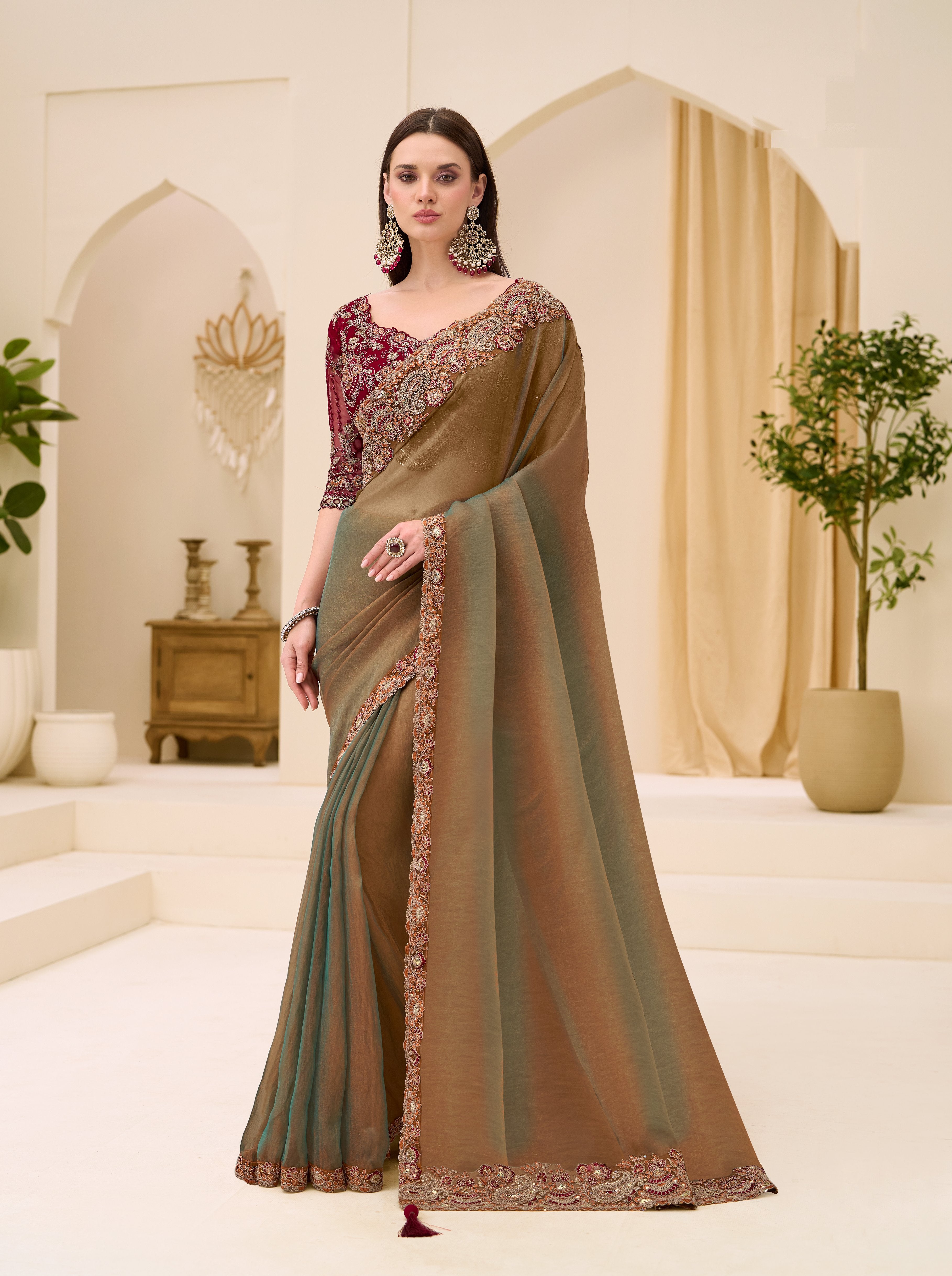 Olive Brown Georgette Tissue Saree