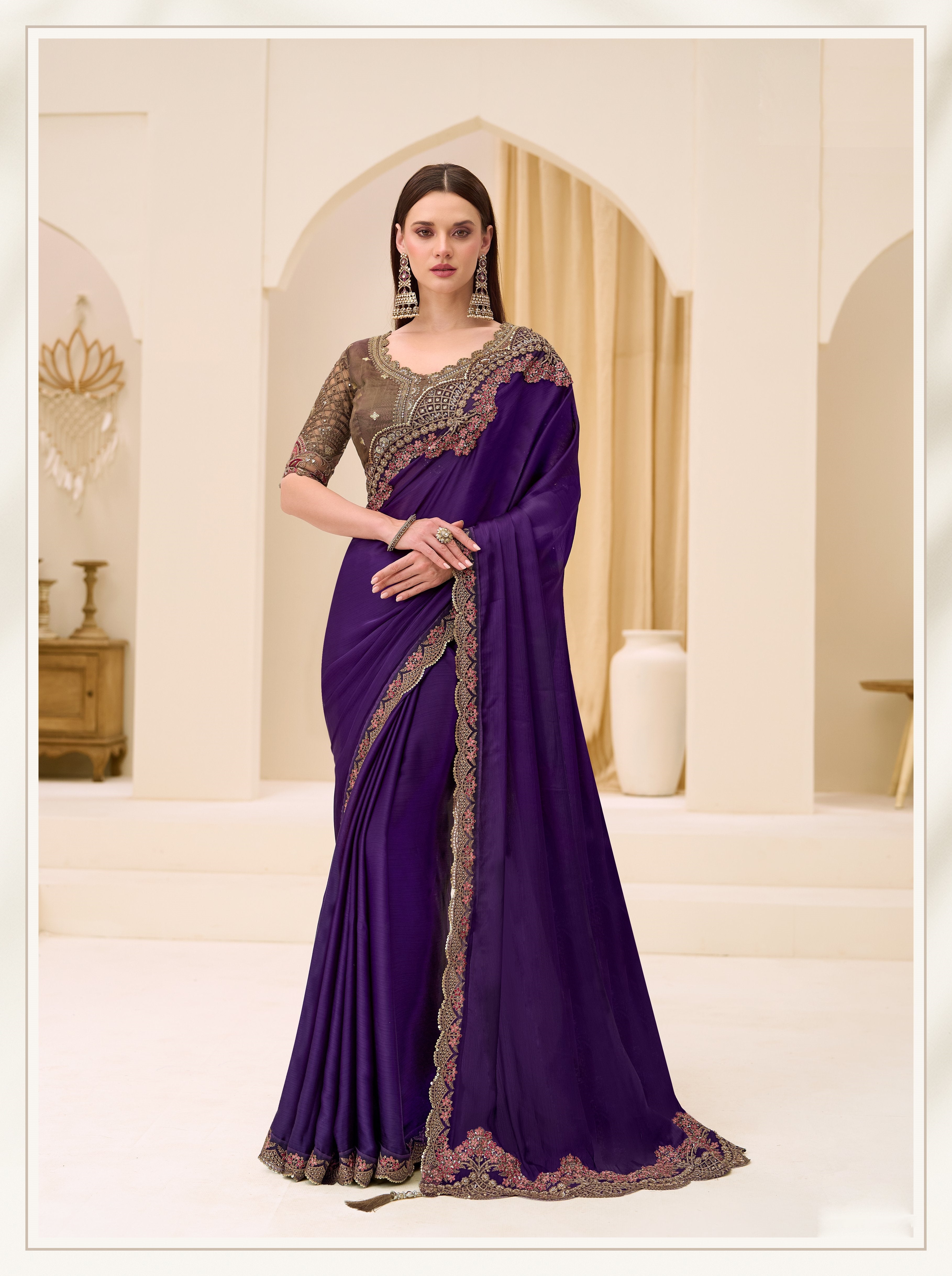 Violet Satin Chiffon Brocade Zari Saree