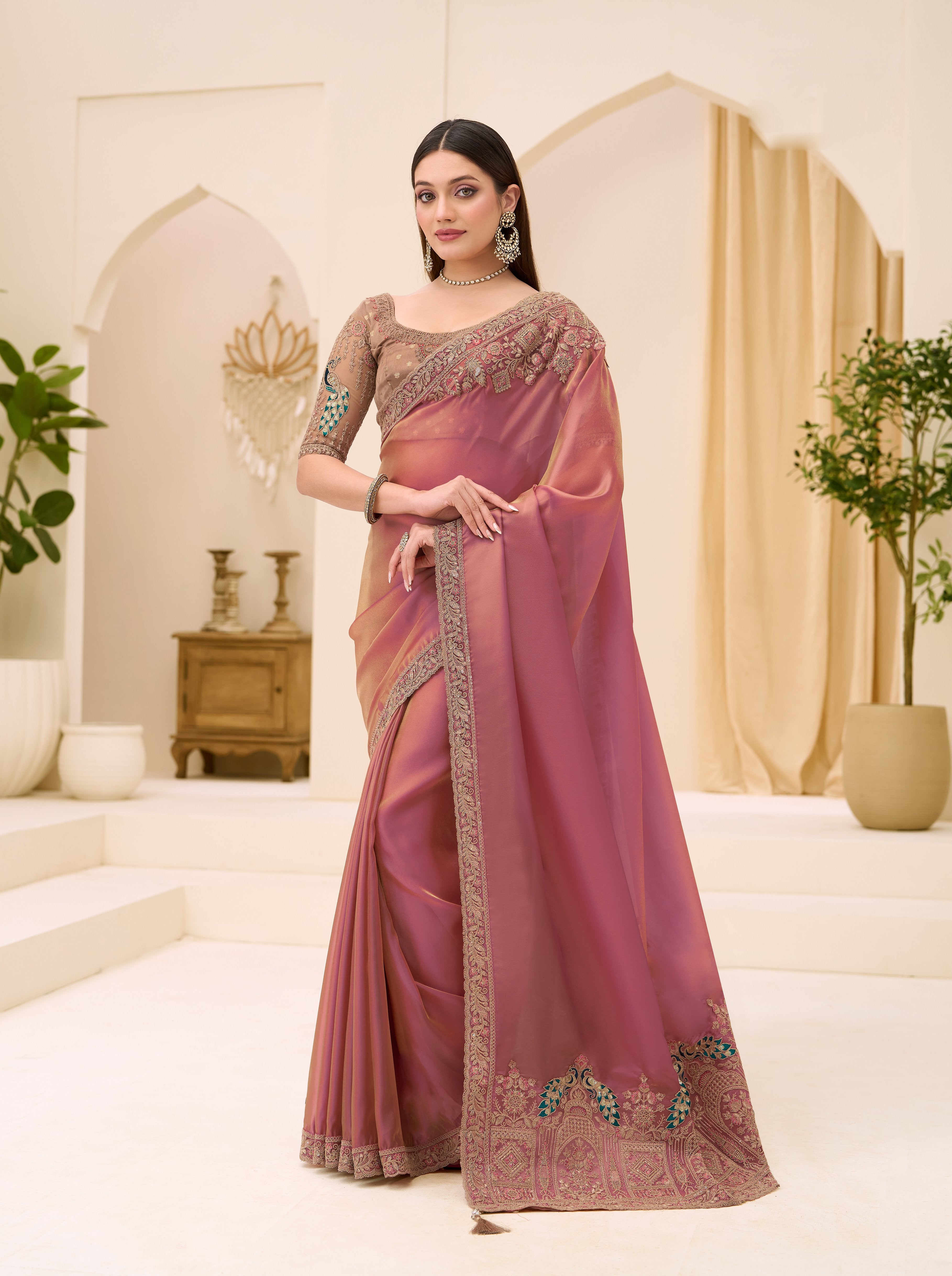 Mauve Pink Georgette Brocade Zari Saree