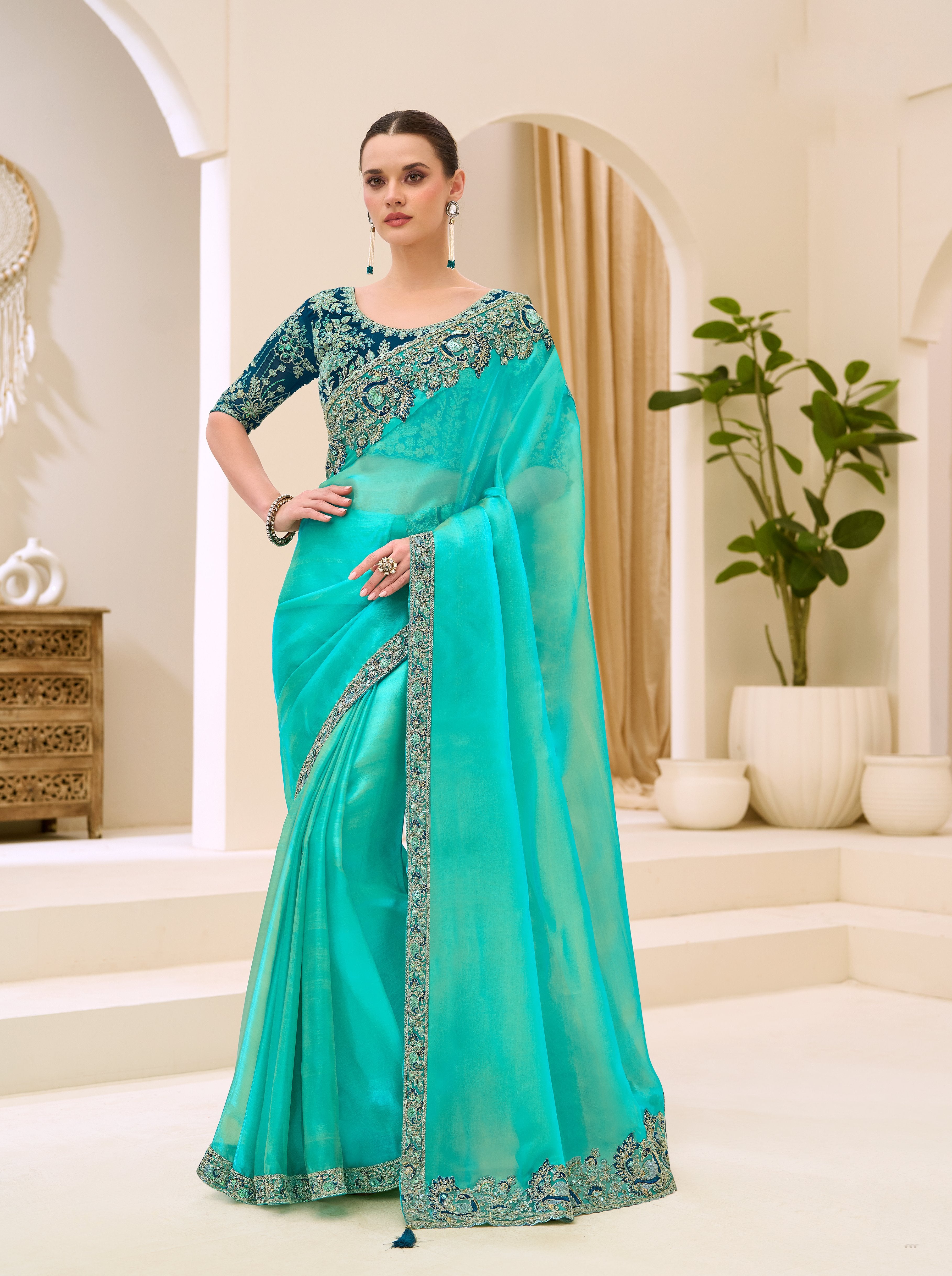 Turquoise Blue Tissue Georgette Saree