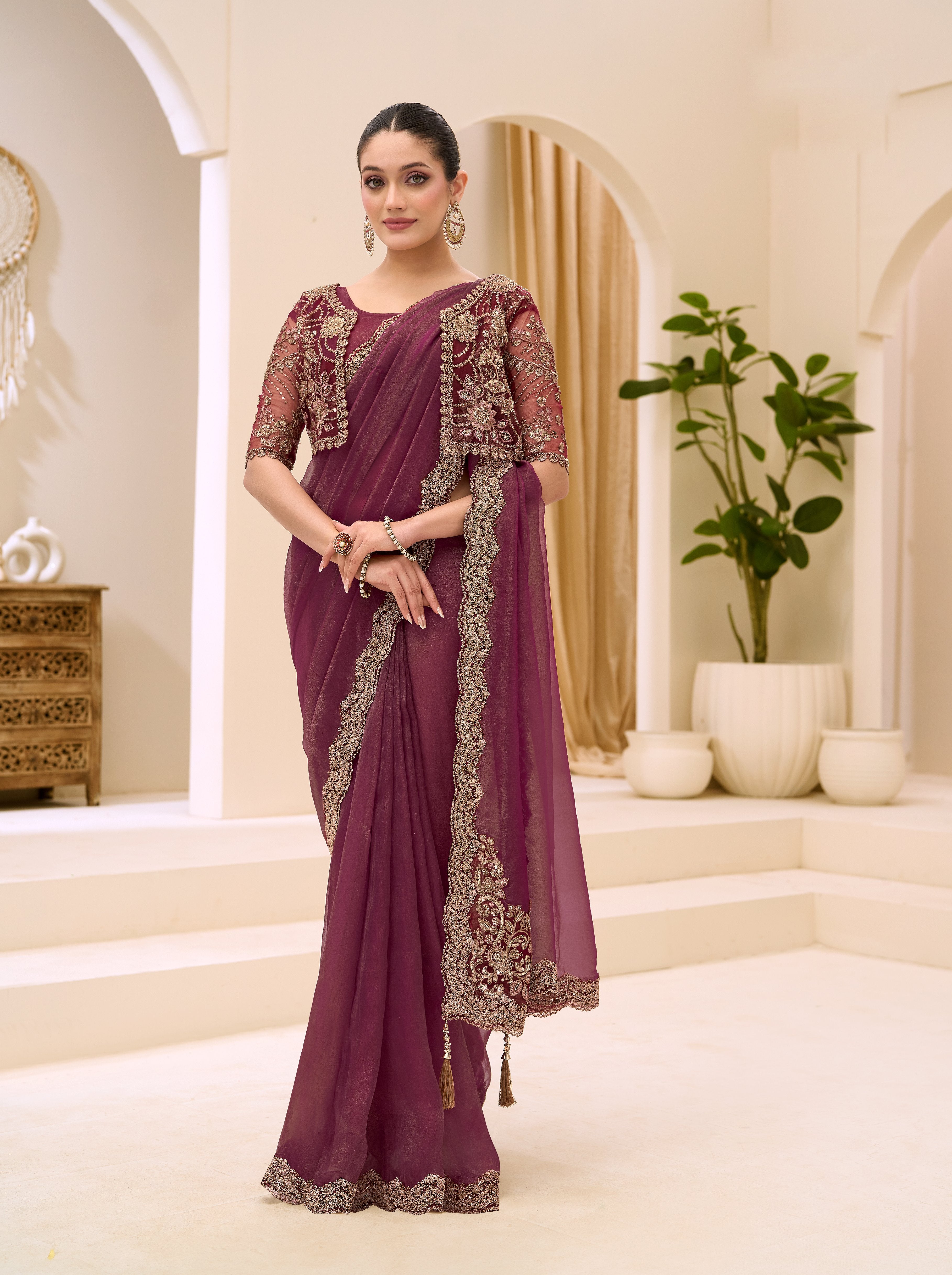 Wine Purple Georgette Tissue Jacket Saree