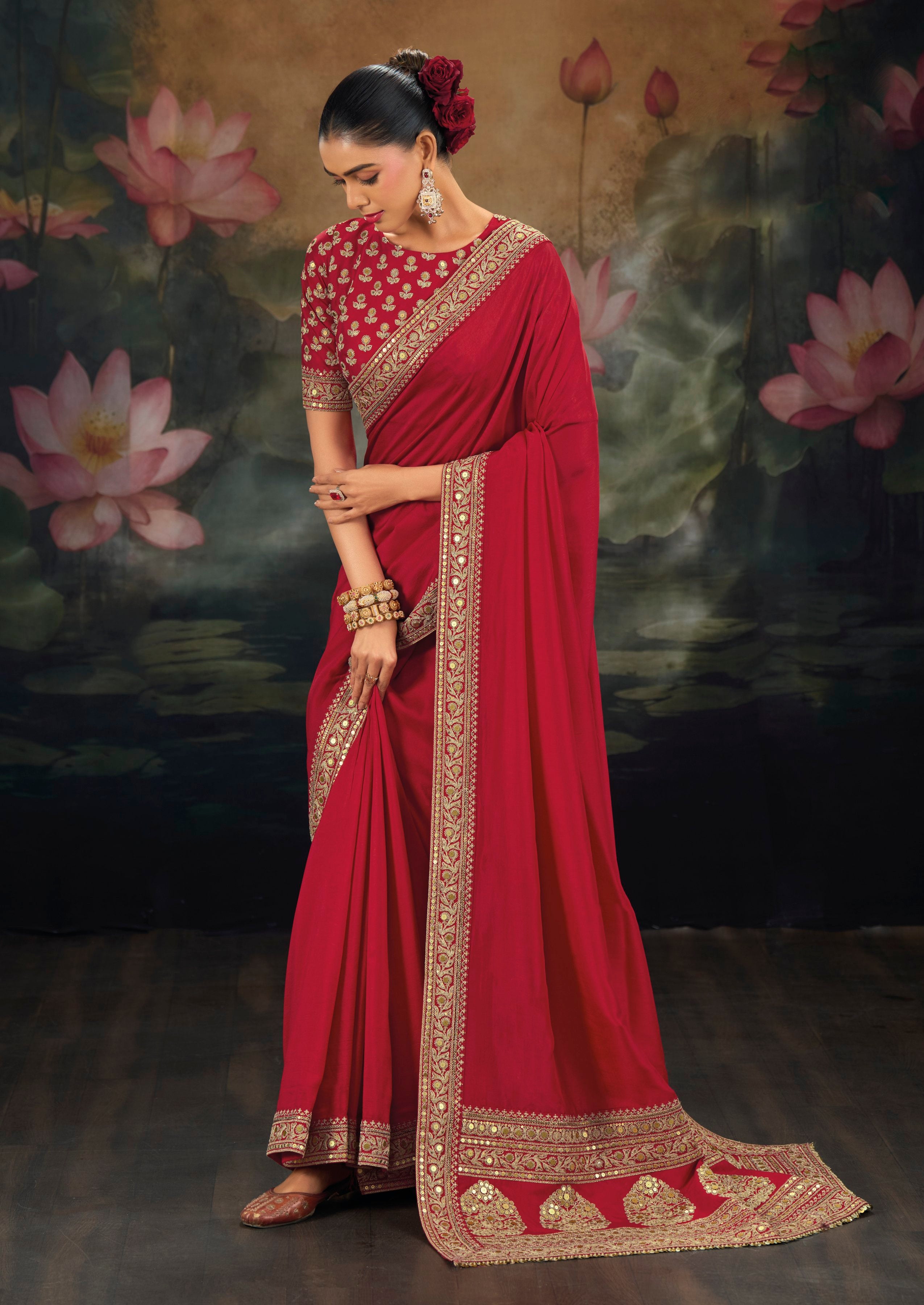 Red Pure Muga Silk Sequence Work Saree