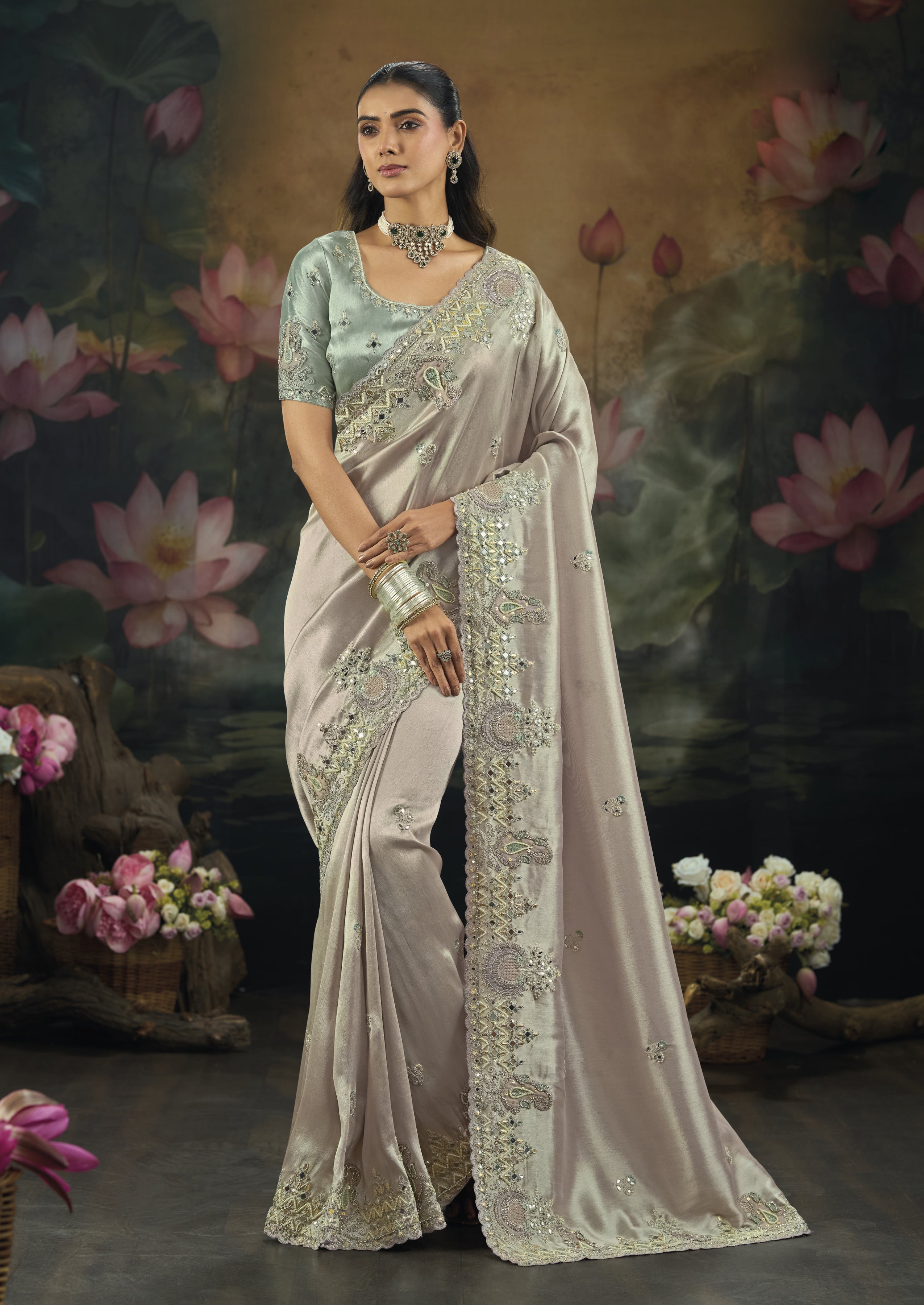 Silver Pure Giraffe Silk Mirror Work Saree