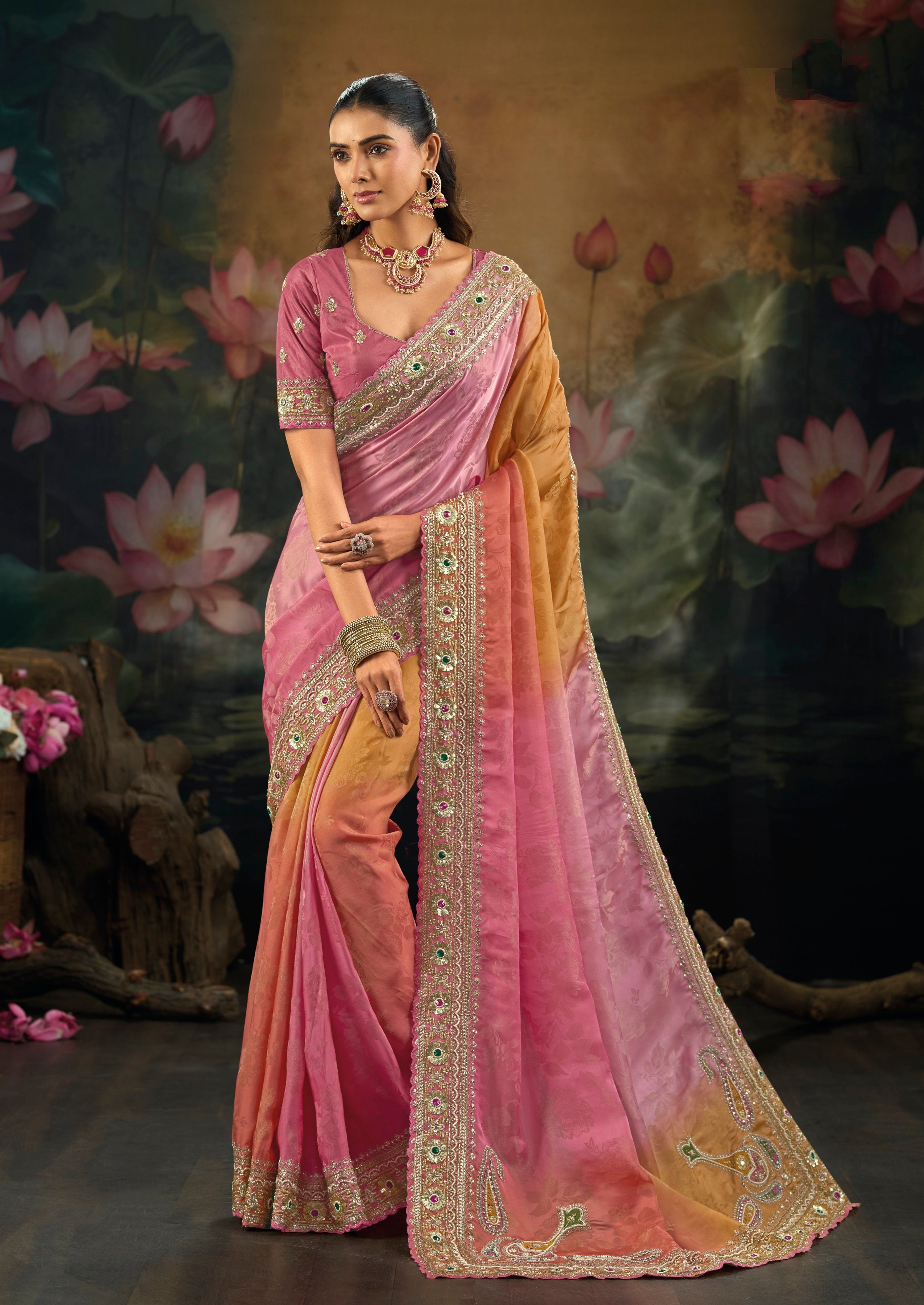 Pink Pure Crepe Moti Cut-Dana Saree